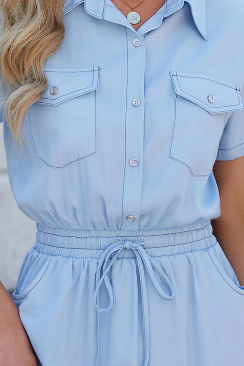 Drawstring Collared Neck Short Sleeve Denim Dress - Lara Moda