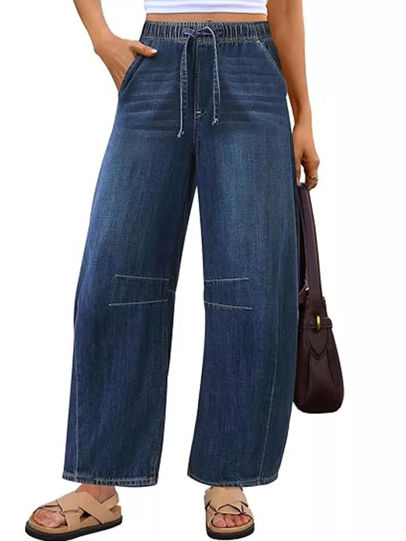 Elastic Waist Wide Leg Jeans - Lara Moda
