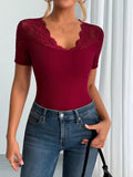 Elegant Lace Trim V-Neck Fitted Top - Lara Moda