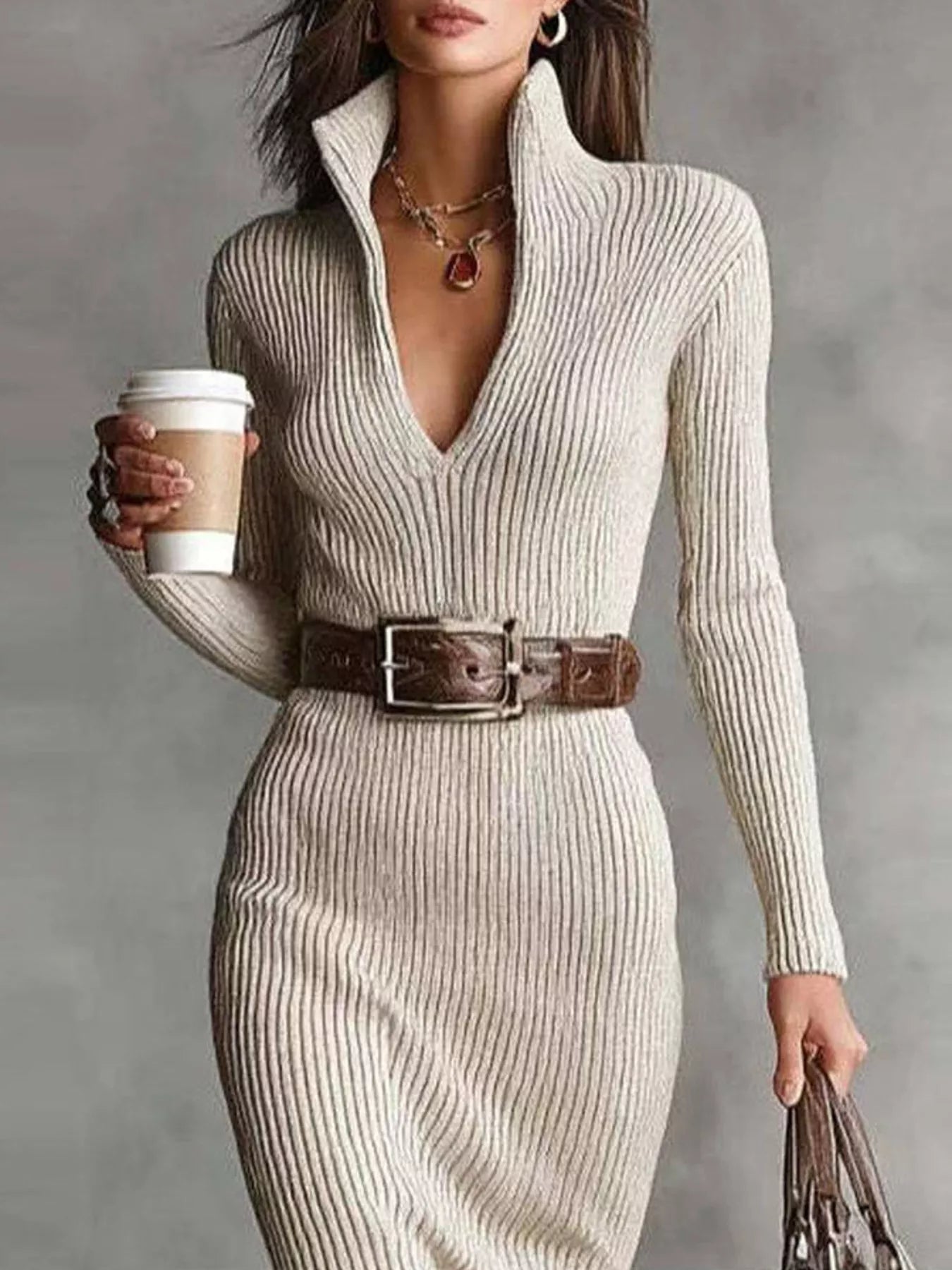 Elegant Ribbed Knit Turtleneck Midi Sweater Dress - Lara Moda