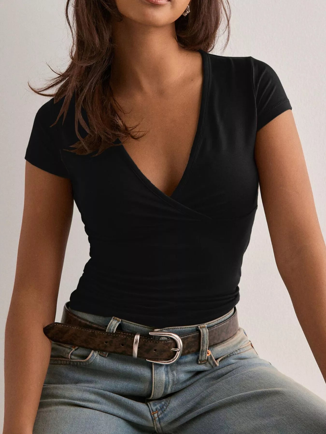 Elegant Wrap V-Neck Slim Fit T-Shirt - Lara Moda