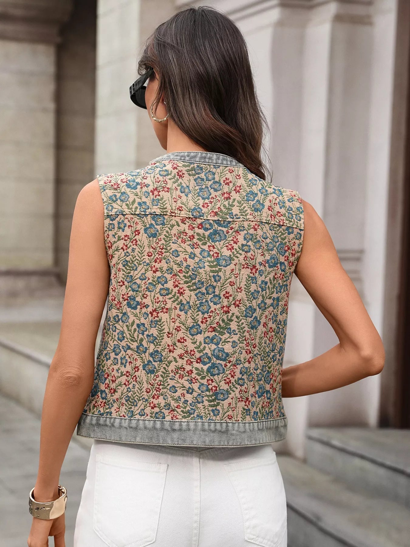 Floral Embroidered Denim Vest Top - Lara Moda