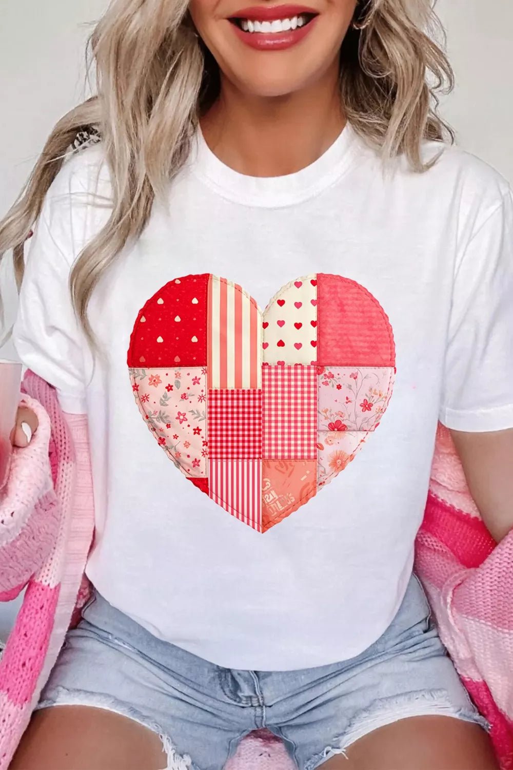 Floral Plaid Mixed Patchwork Heart-shape Graphic T Shirt - Lara Moda