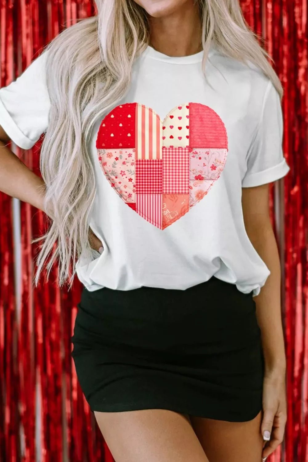 Floral Plaid Mixed Patchwork Heart-shape Graphic T Shirt - Lara Moda