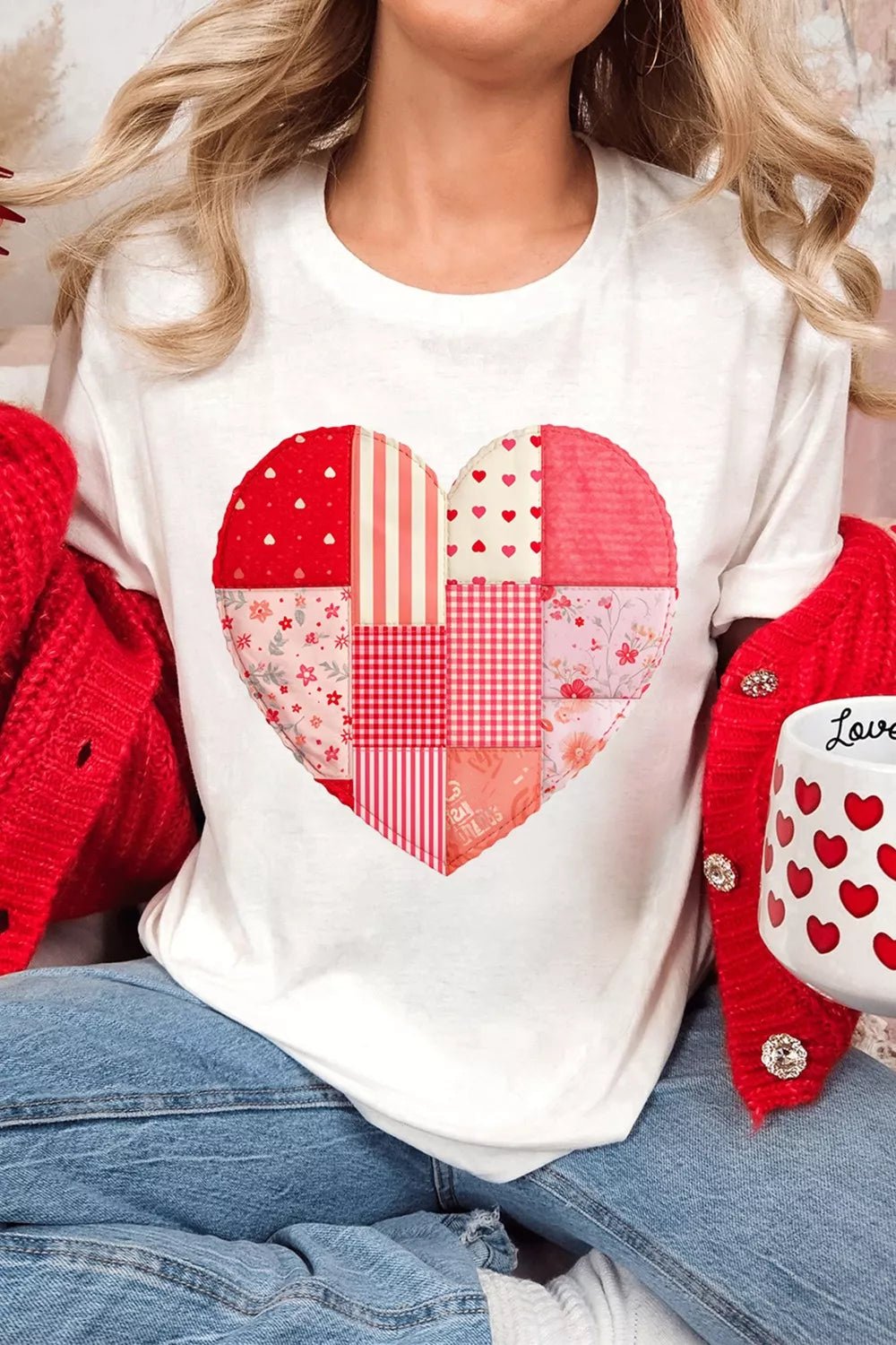 Floral Plaid Mixed Patchwork Heart-shape Graphic T Shirt - Lara Moda