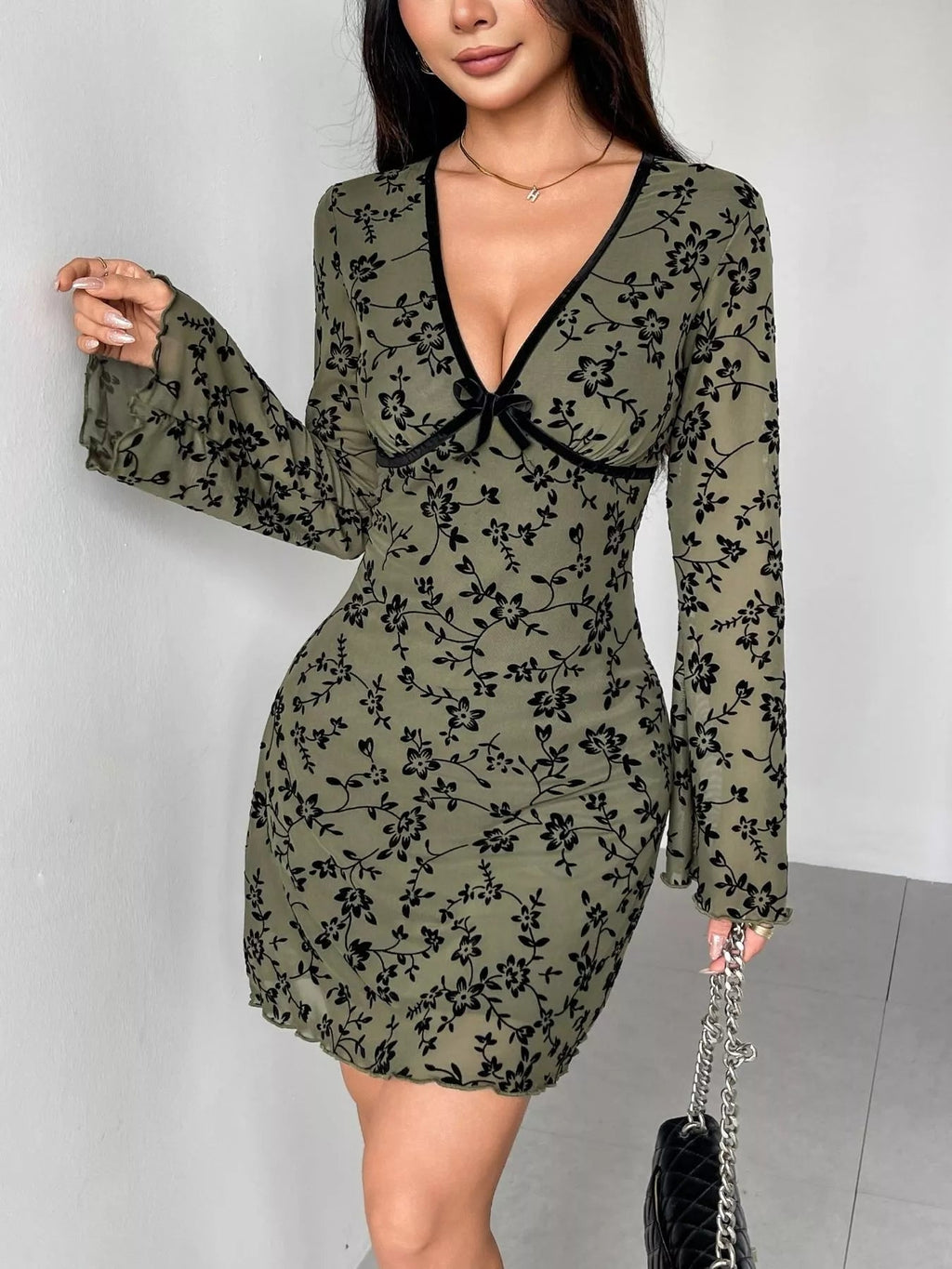 Floral Print Flare Sleeve Mini Dress - Lara Moda