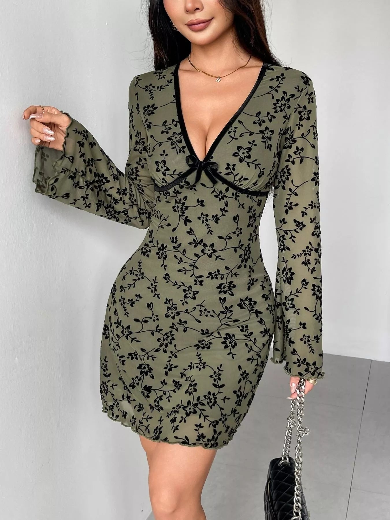Floral Print Flare Sleeve Mini Dress - Lara Moda