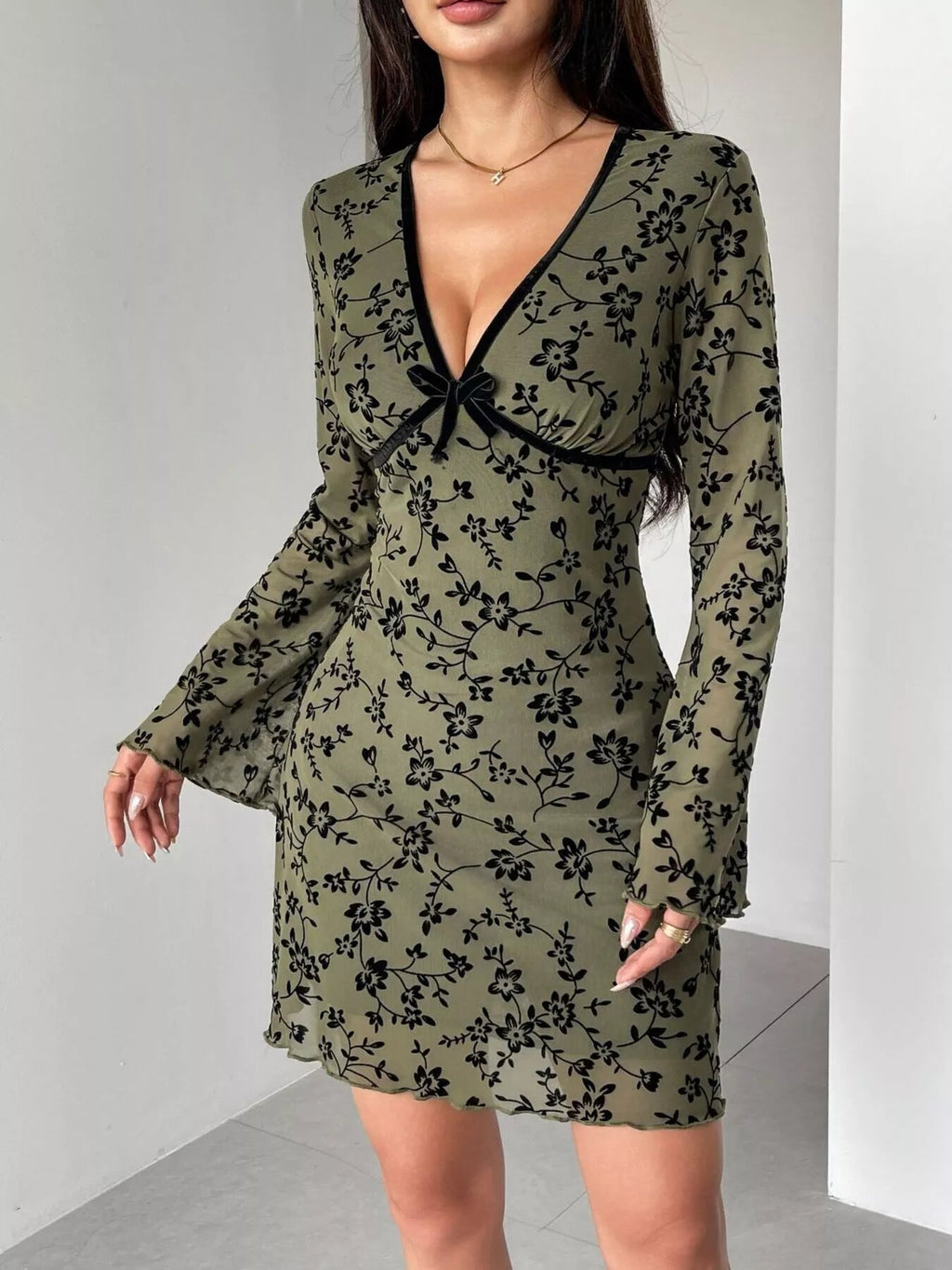 Floral Print Flare Sleeve Mini Dress - Lara Moda