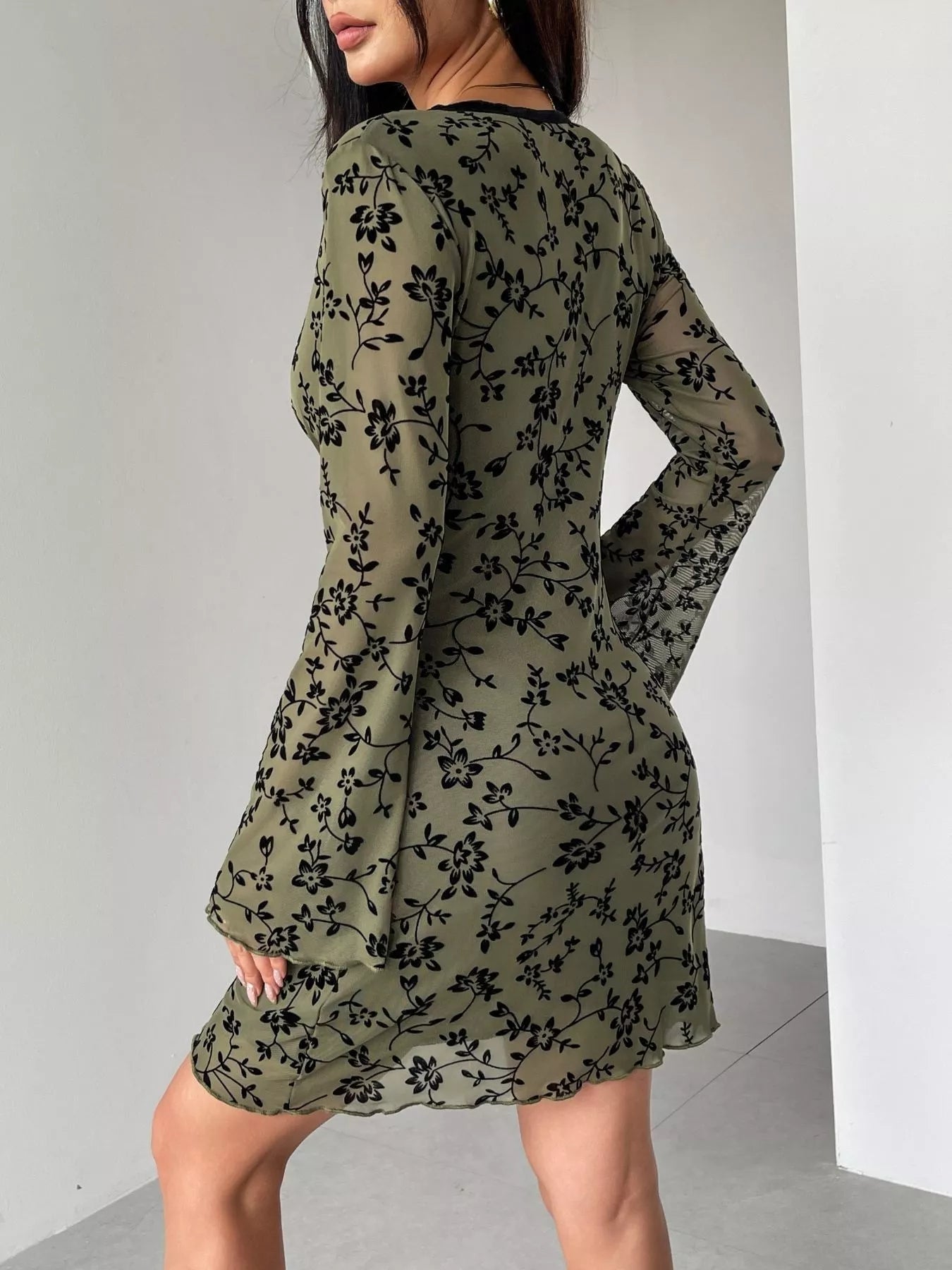Floral Print Flare Sleeve Mini Dress - Lara Moda