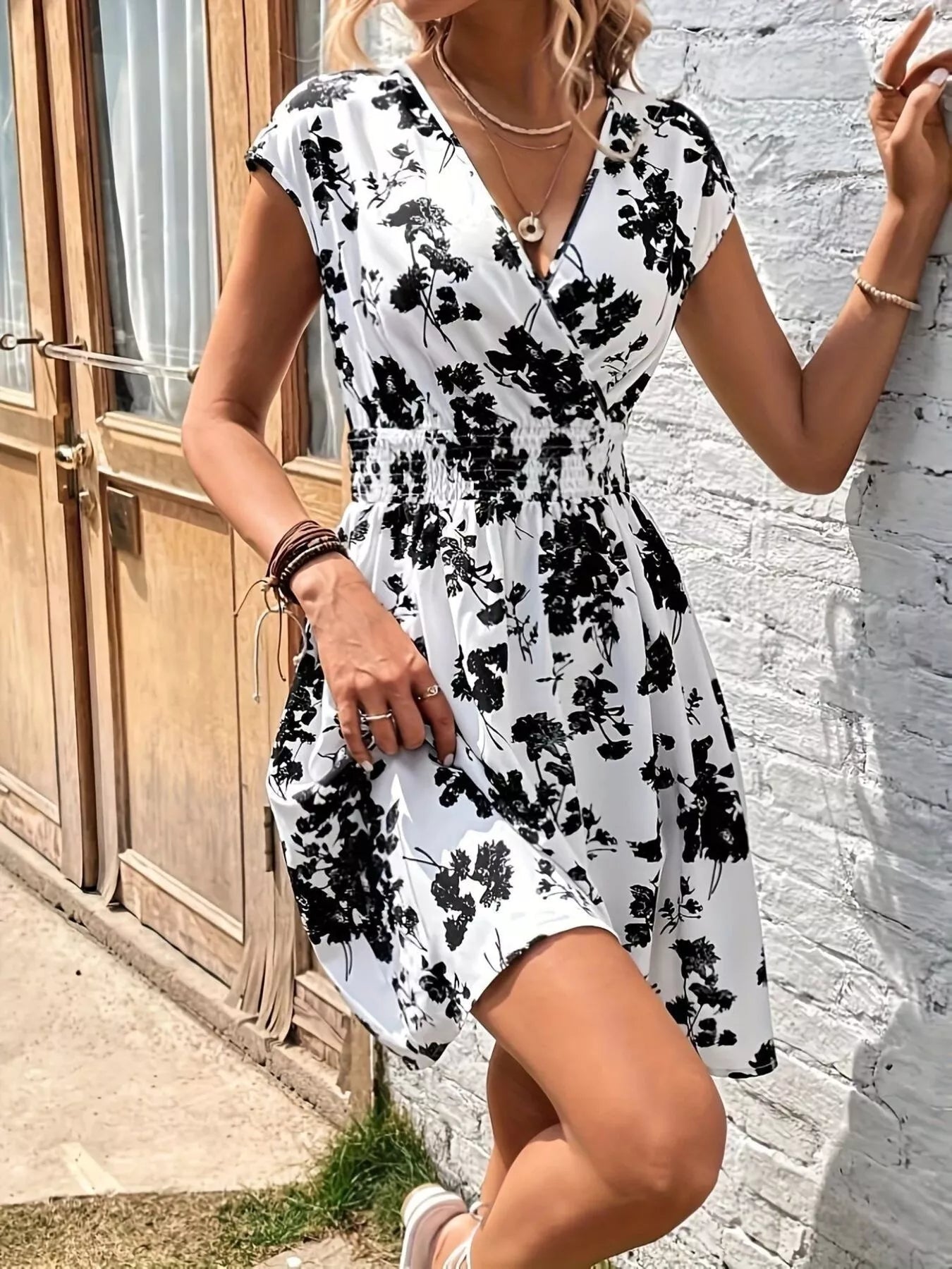 Floral Print Surplice Mini Dress - Lara Moda