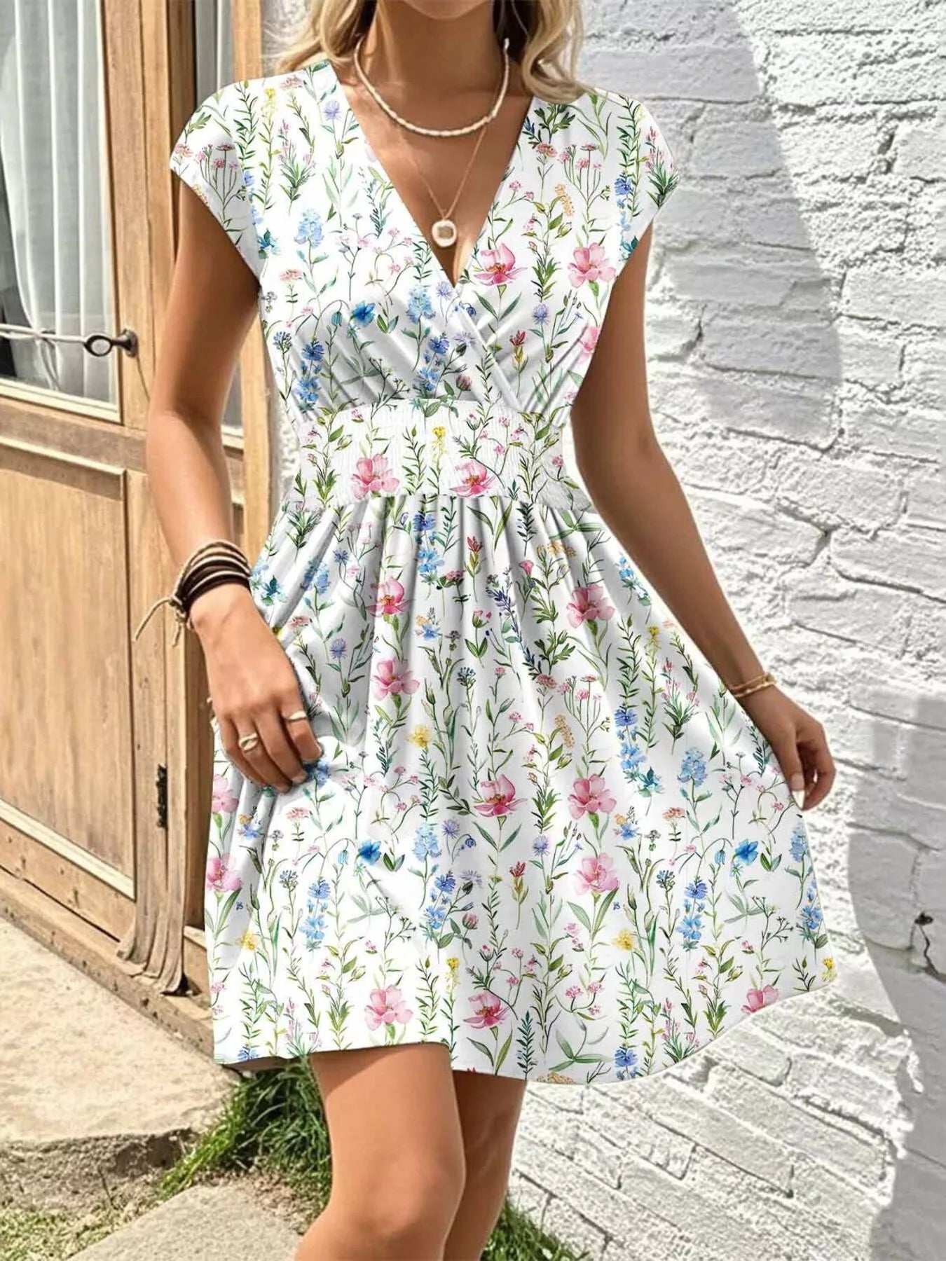 Floral Print Surplice Mini Dress - Lara Moda