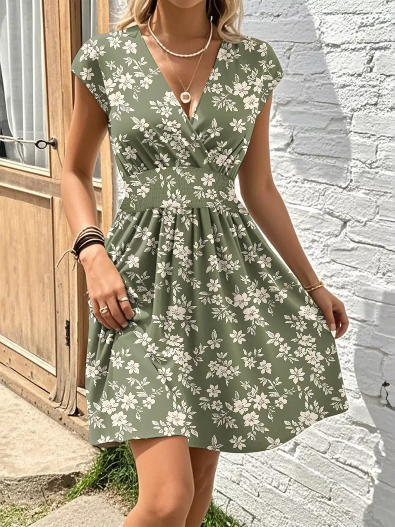 Floral Print Surplice Mini Dress - Lara Moda