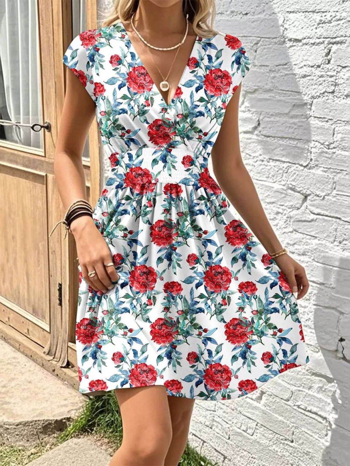 Floral Print Surplice Mini Dress - Lara Moda