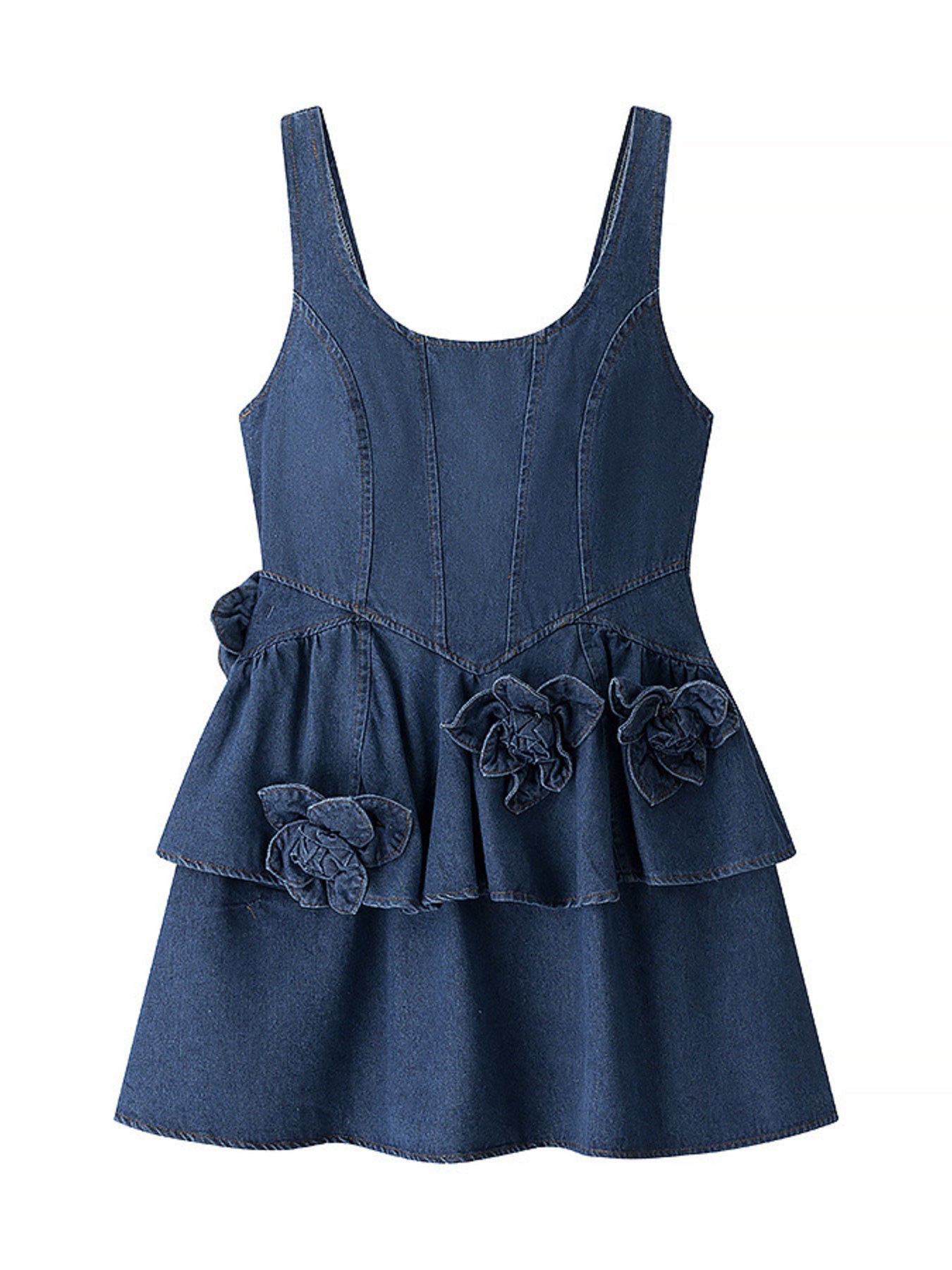 Floral Ruffle Layered Denim Dress - Lara Moda
