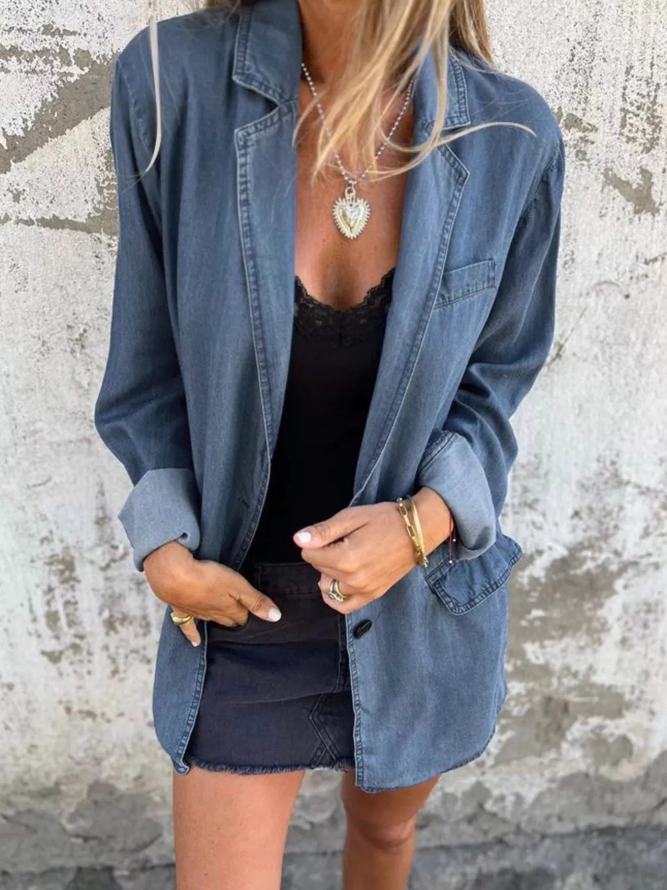 Full Size Button Down Denim Blazer Plus Size - Lara Moda