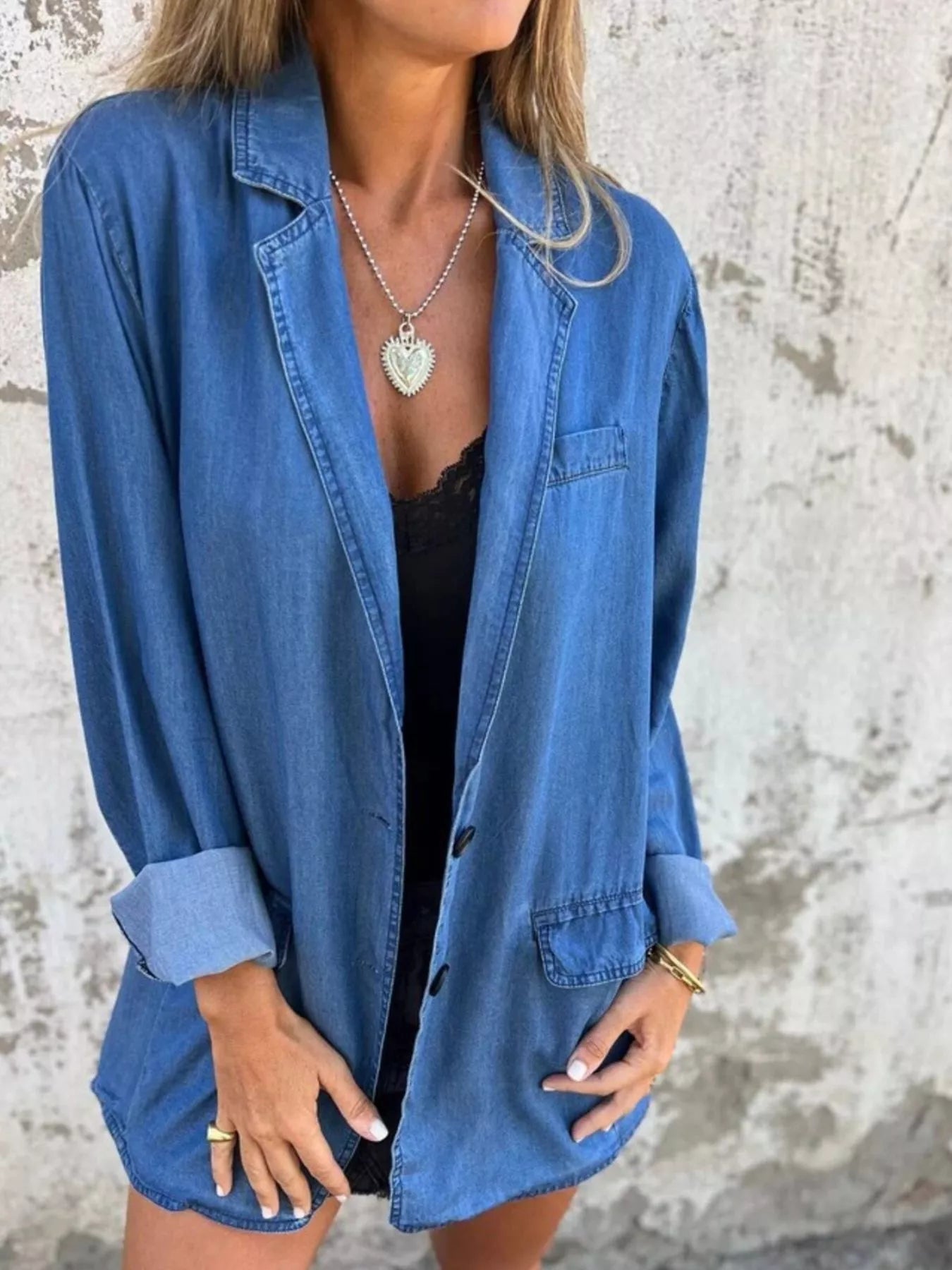 Full Size Button Down Denim Blazer Plus Size - Lara Moda