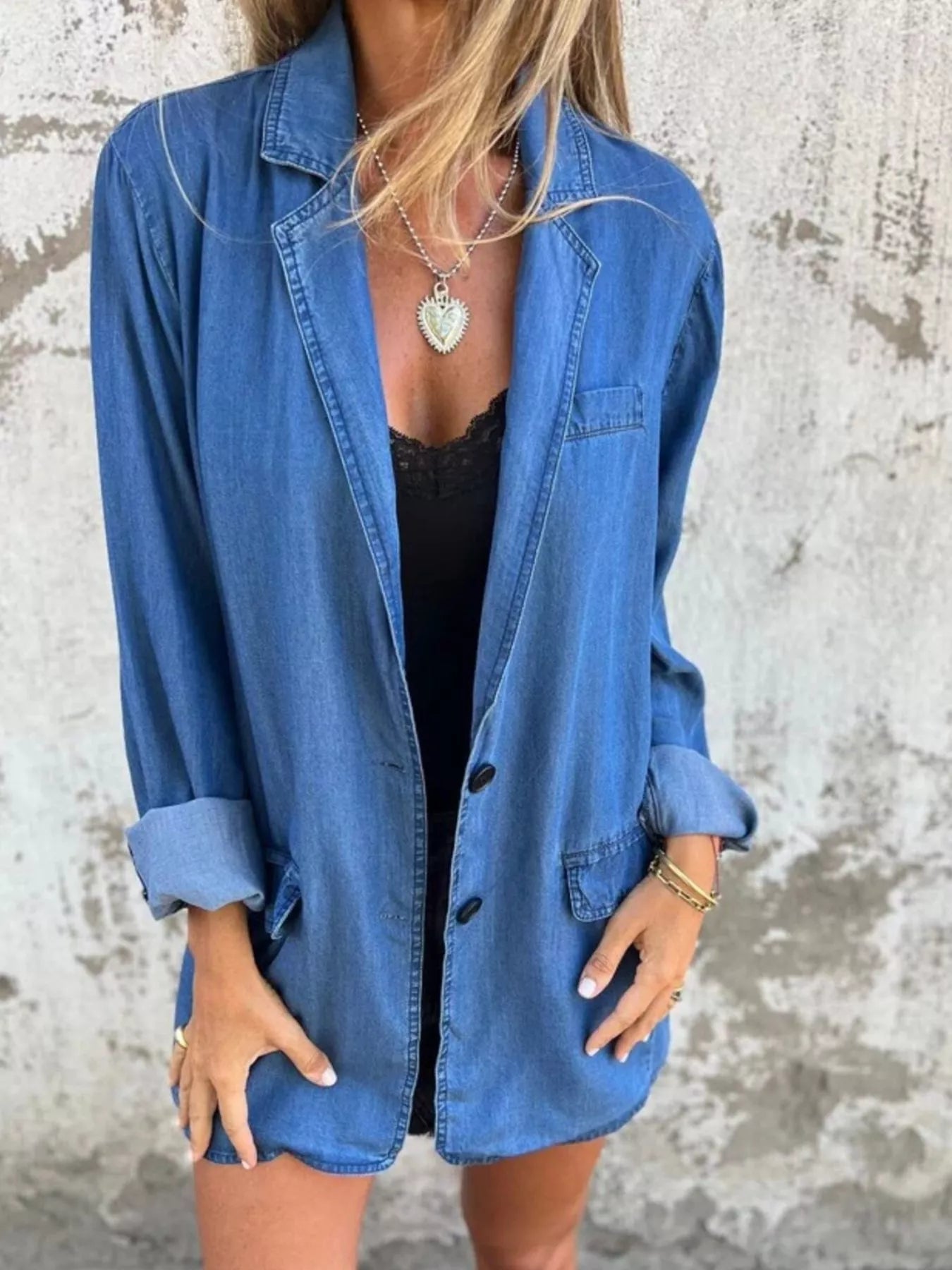 Full Size Button Down Denim Blazer Plus Size - Lara Moda