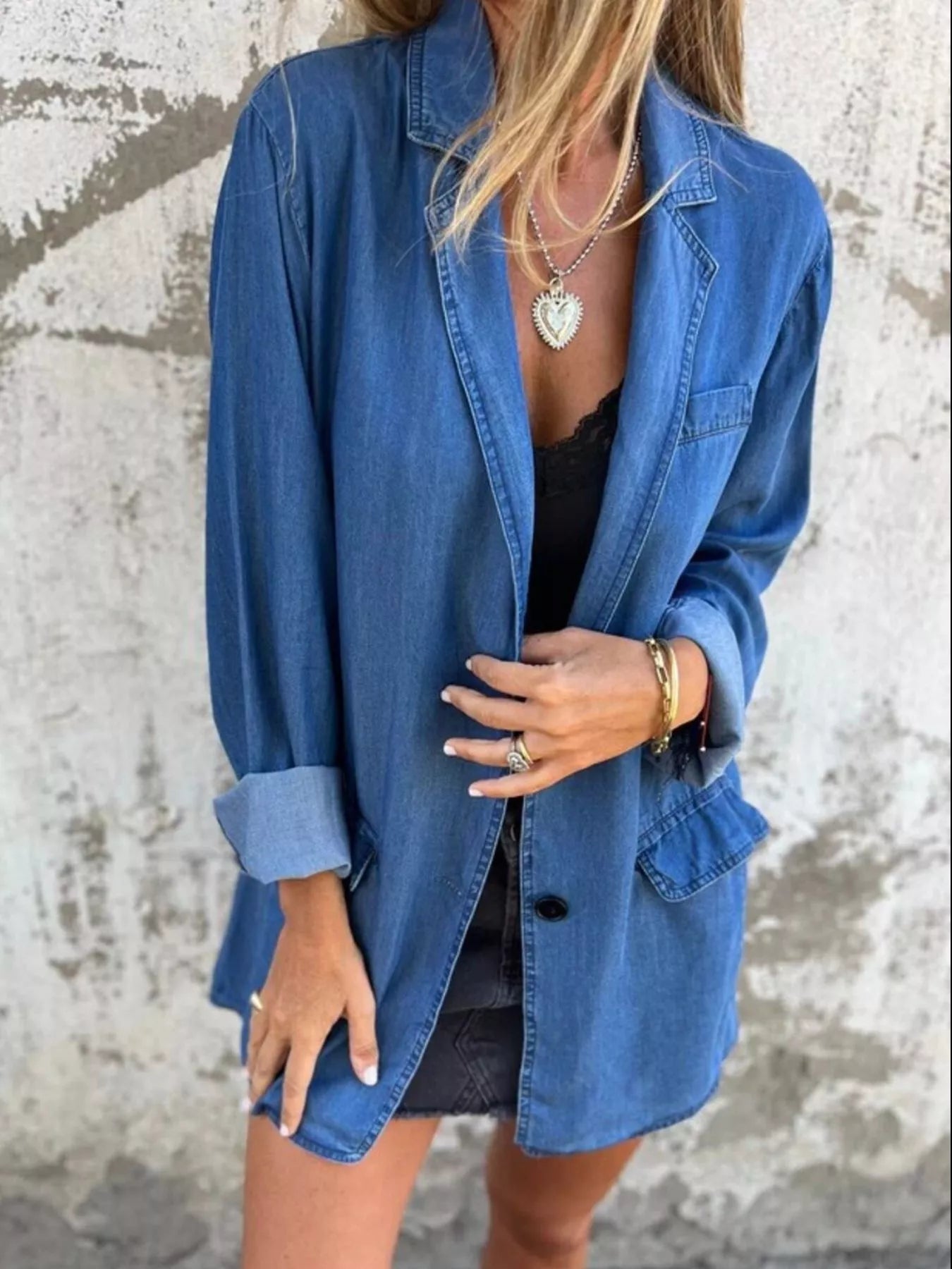 Full Size Button Down Denim Blazer Plus Size - Lara Moda