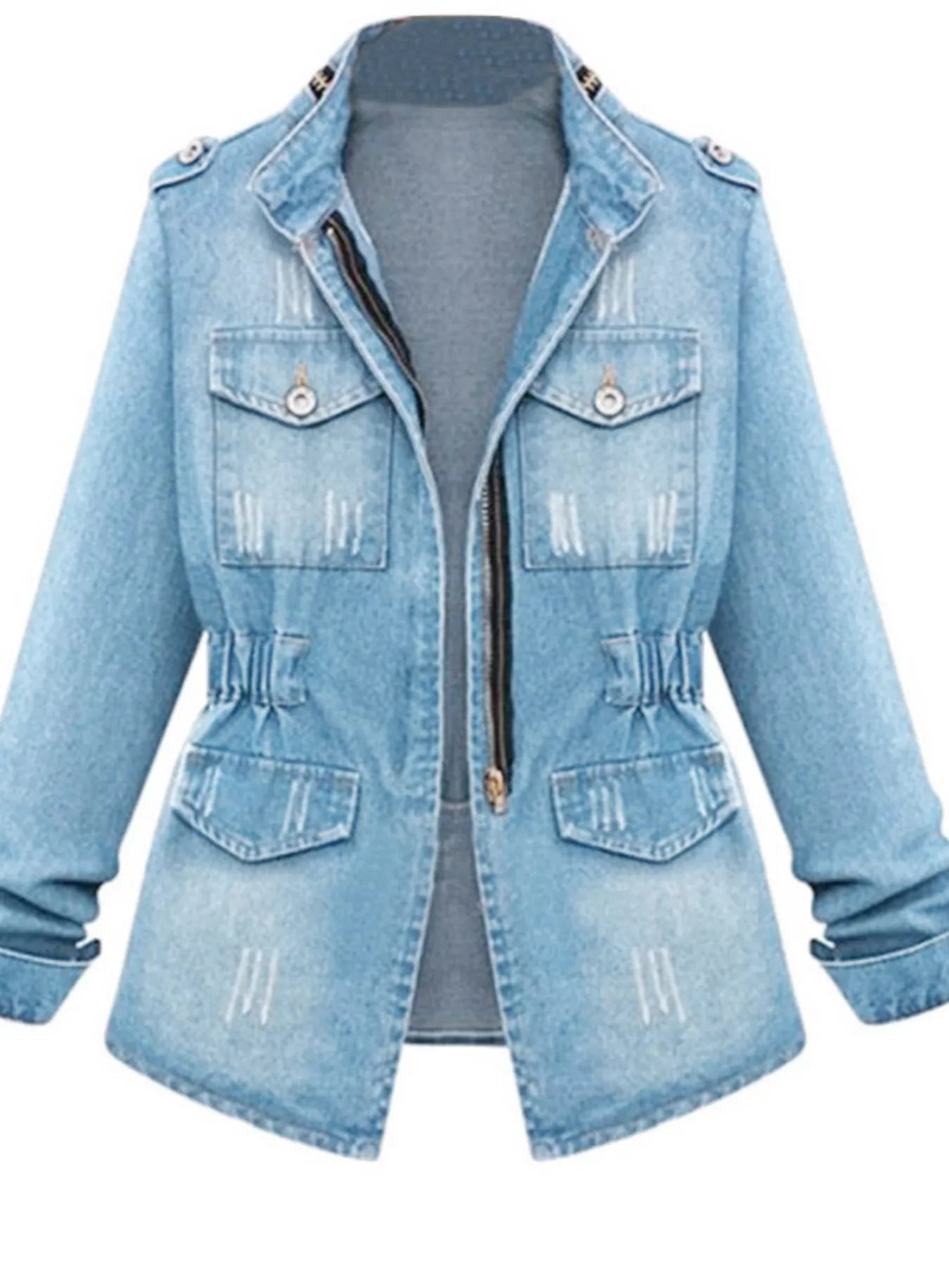 Full Size Chest Pocket Zip Up Denim Jacket Plus Size - Lara Moda