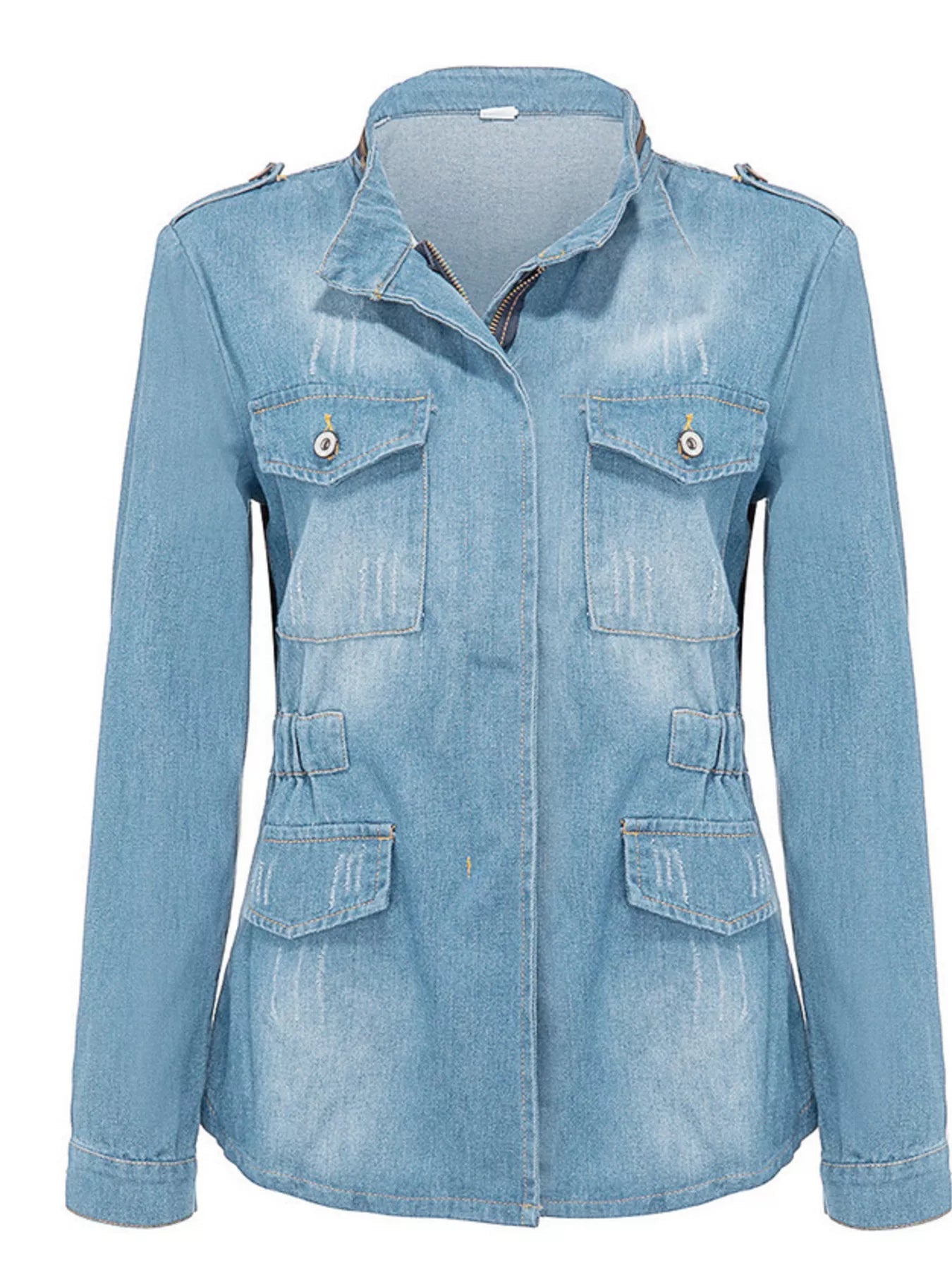 Full Size Chest Pocket Zip Up Denim Jacket Plus Size - Lara Moda