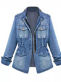 Full Size Chest Pocket Zip Up Denim Jacket Plus Size - Lara Moda