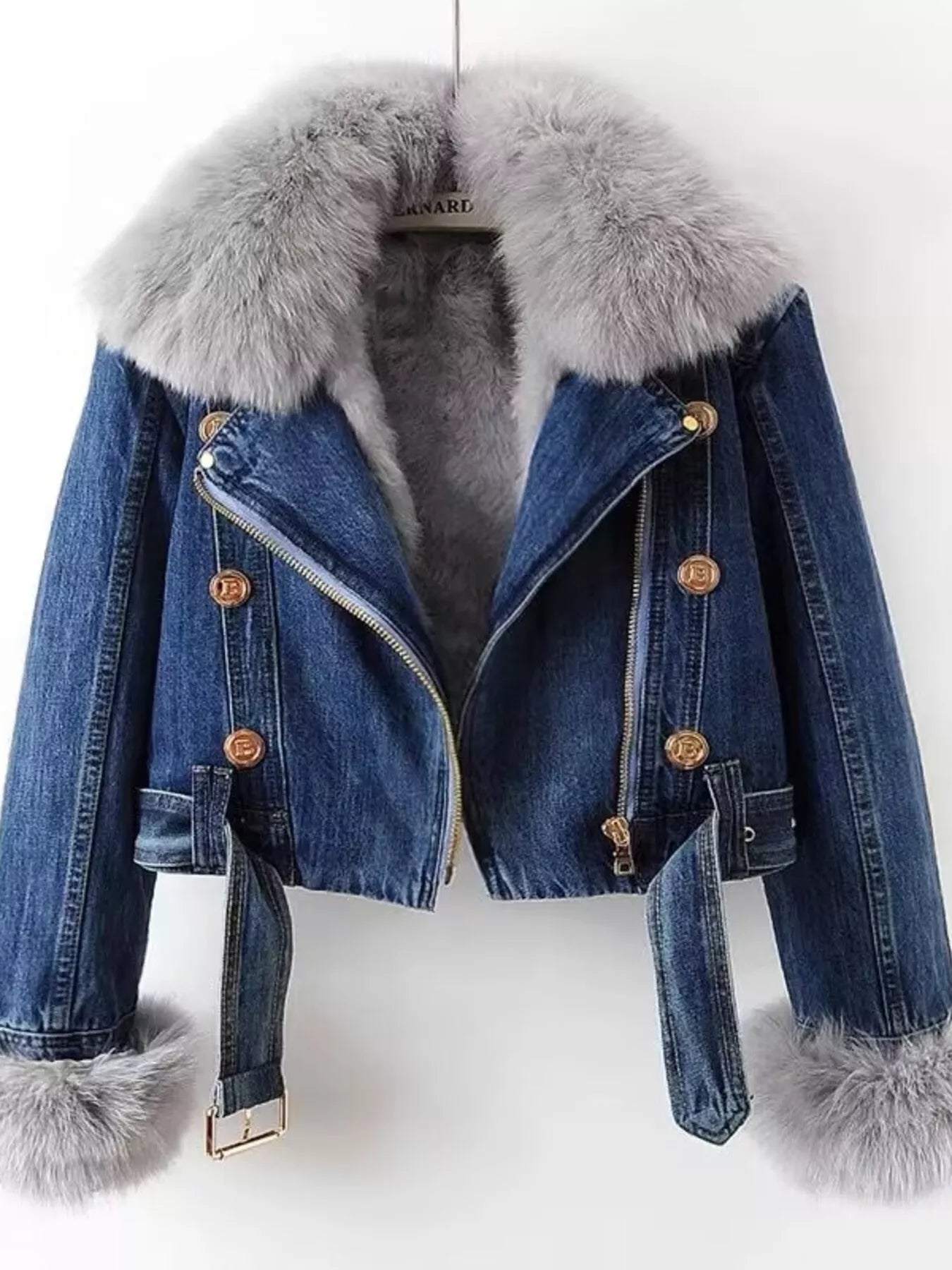Full Size Faux Fur Collar Denim Jacket Plus Size - Lara Moda
