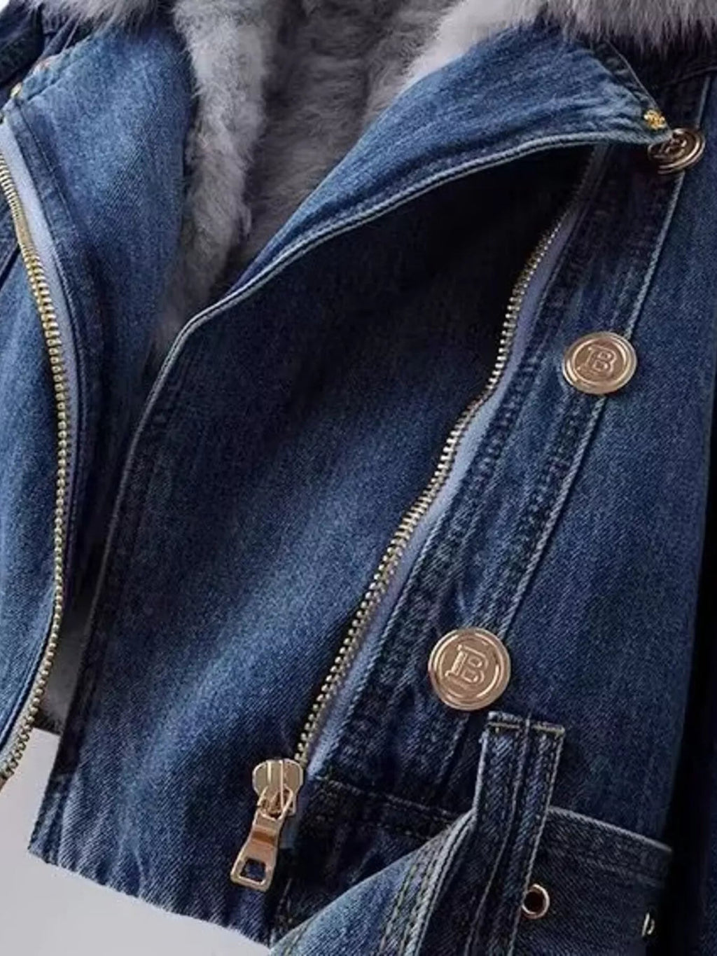 Full Size Faux Fur Collar Denim Jacket Plus Size - Lara Moda