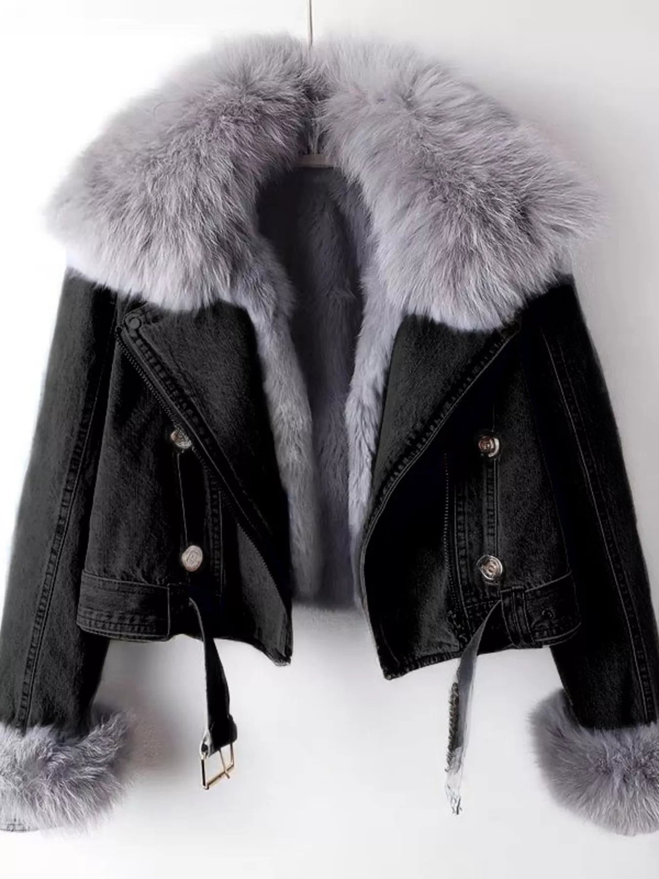 Full Size Faux Fur Collar Denim Jacket Plus Size - Lara Moda