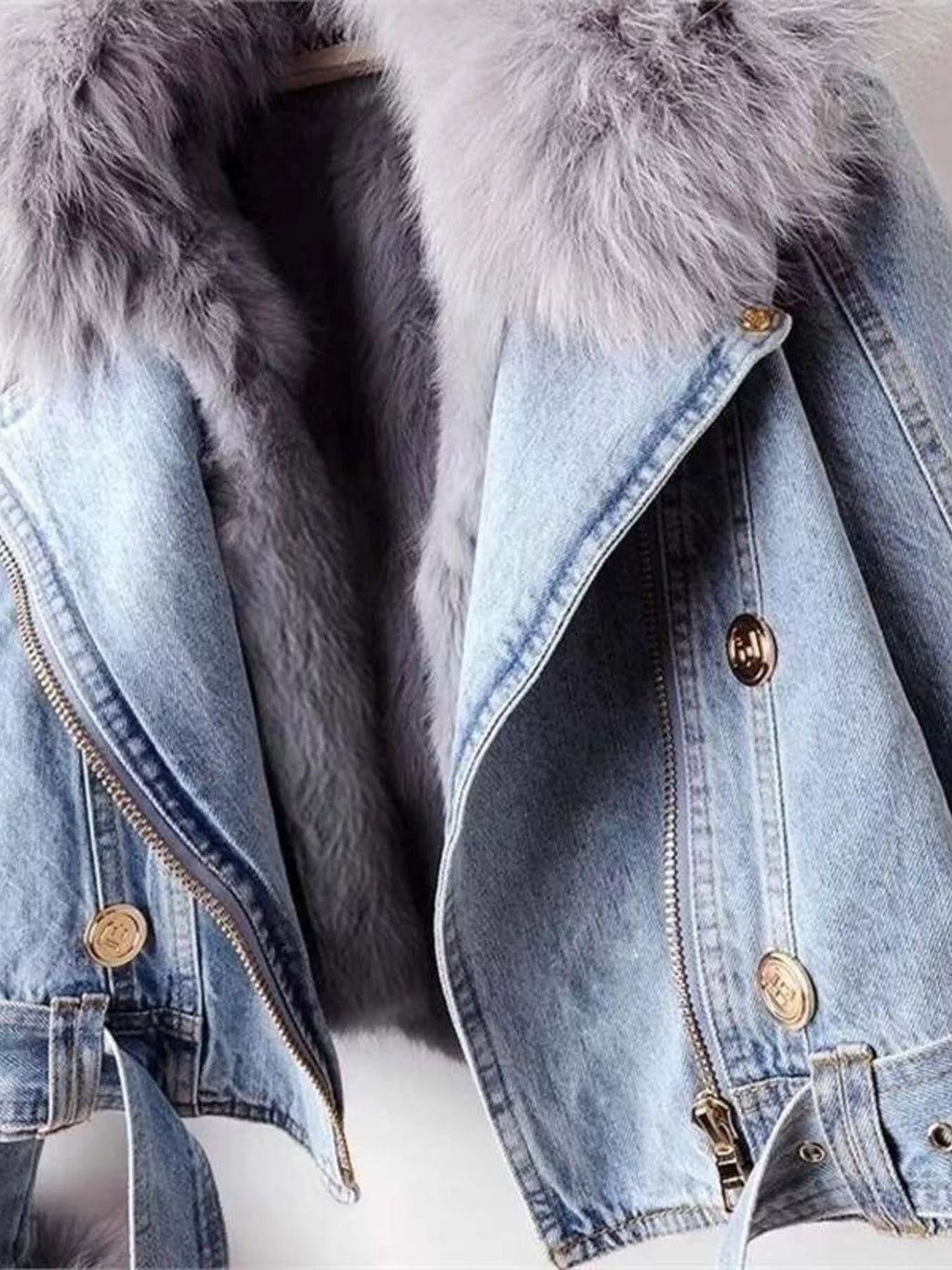 Full Size Faux Fur Collar Denim Jacket Plus Size - Lara Moda