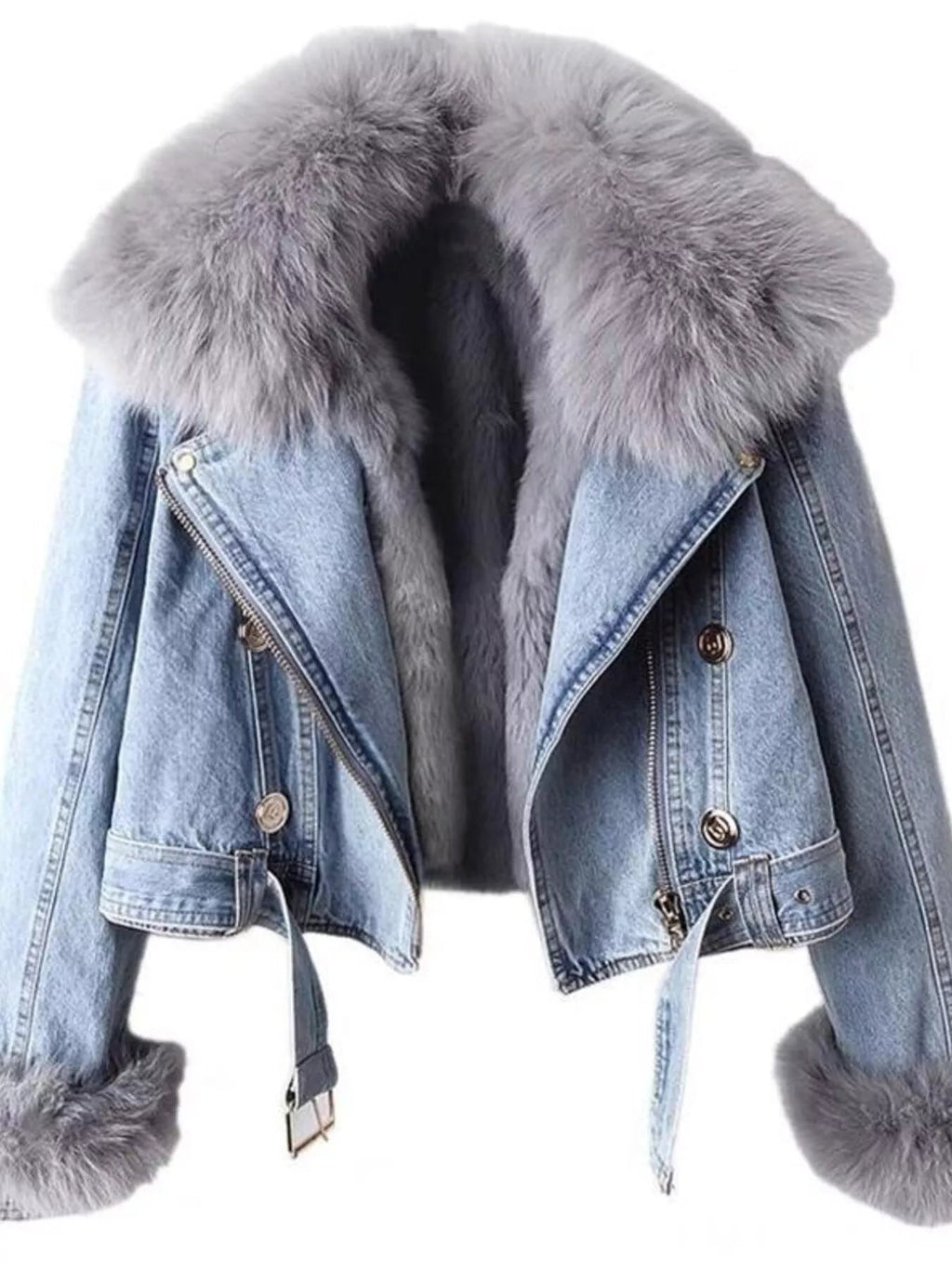 Full Size Faux Fur Collar Denim Jacket Plus Size - Lara Moda