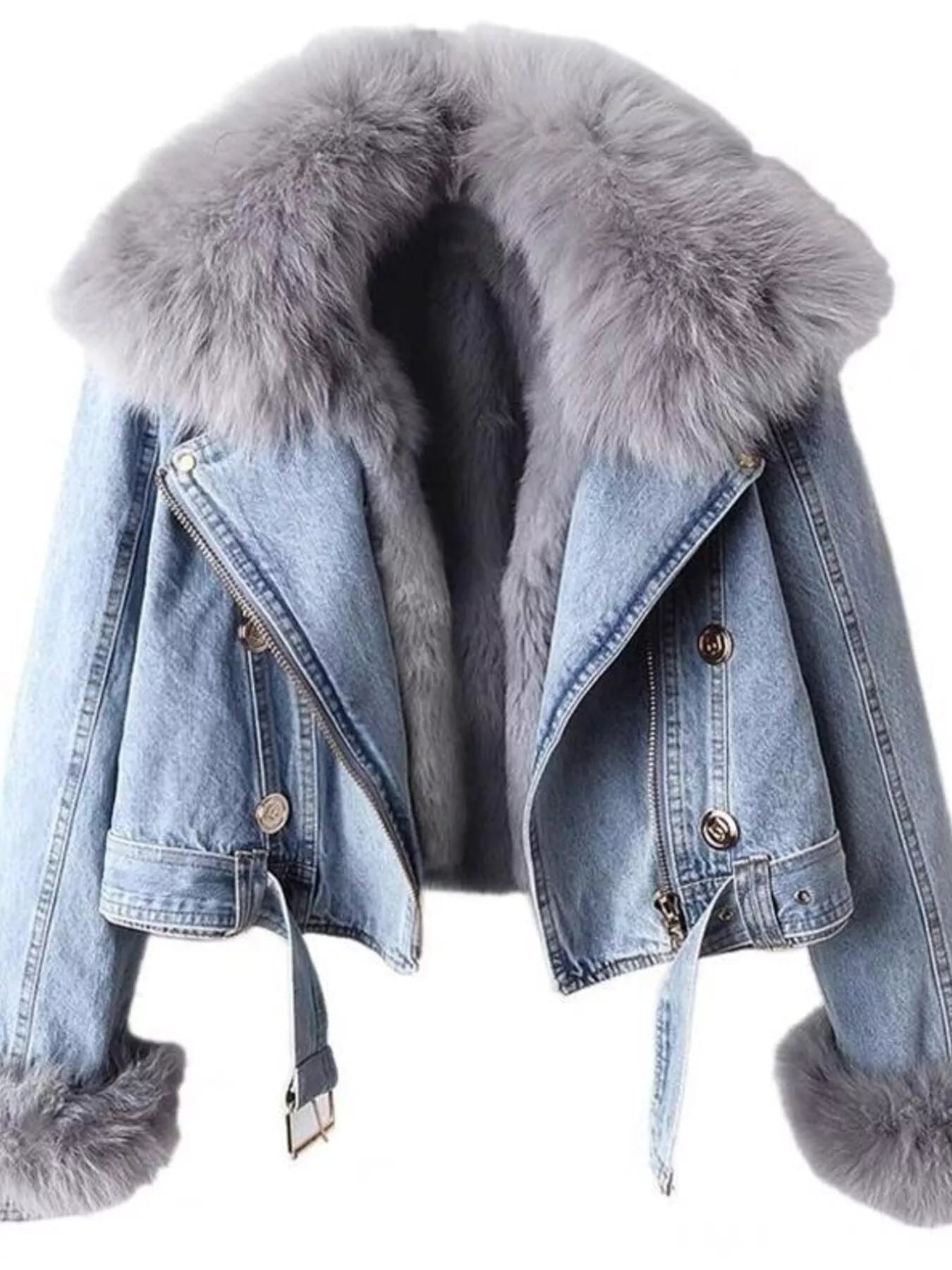 Full Size Faux Fur Collar Denim Jacket Plus Size - Lara Moda