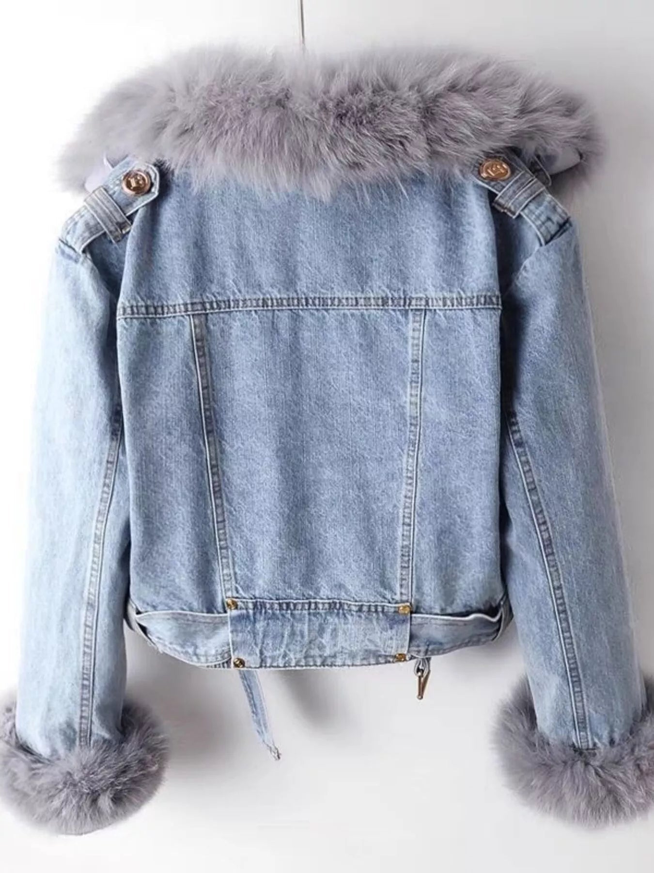 Full Size Faux Fur Collar Denim Jacket Plus Size - Lara Moda