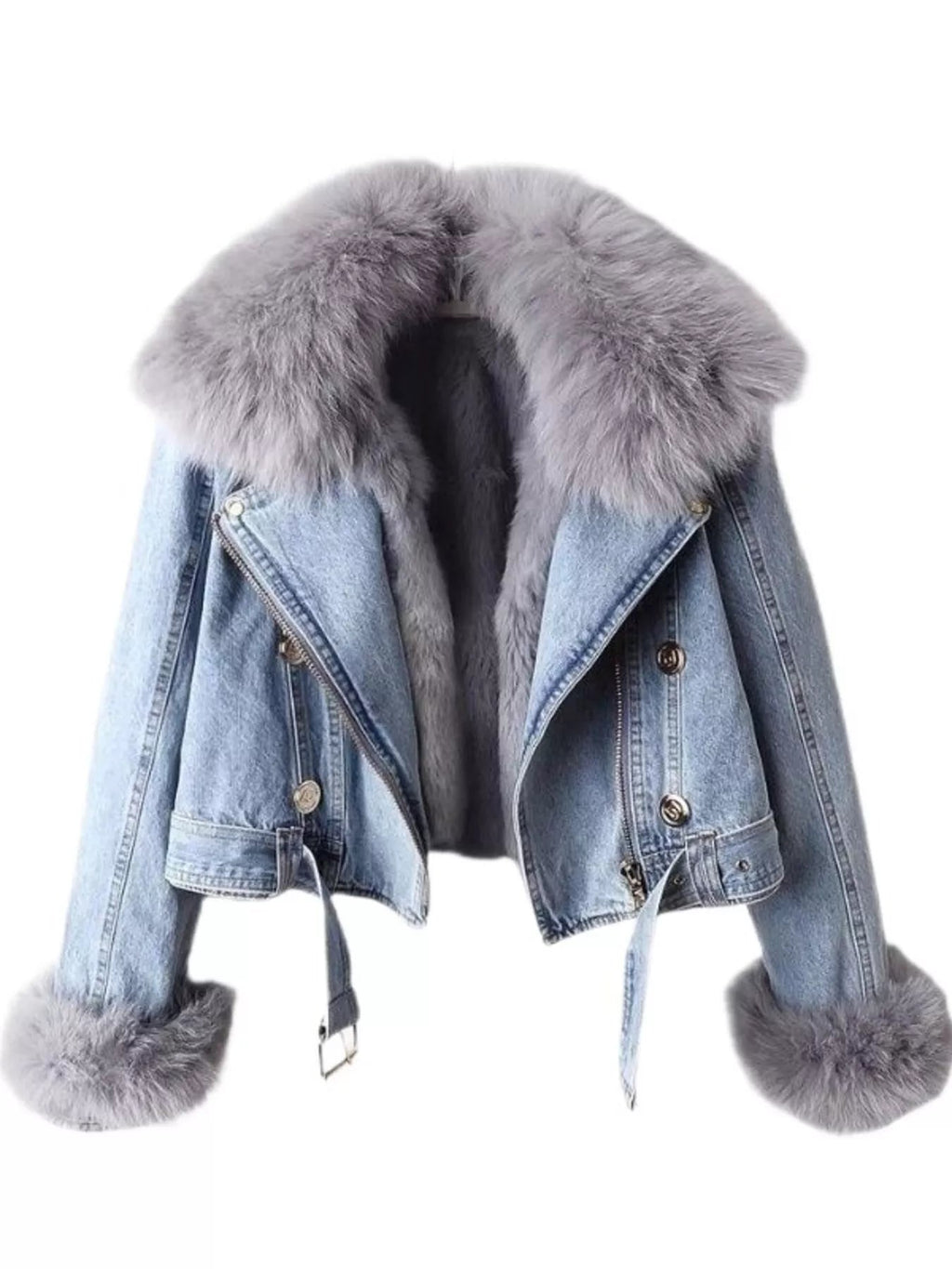 Full Size Faux Fur Collar Denim Jacket Plus Size - Lara Moda