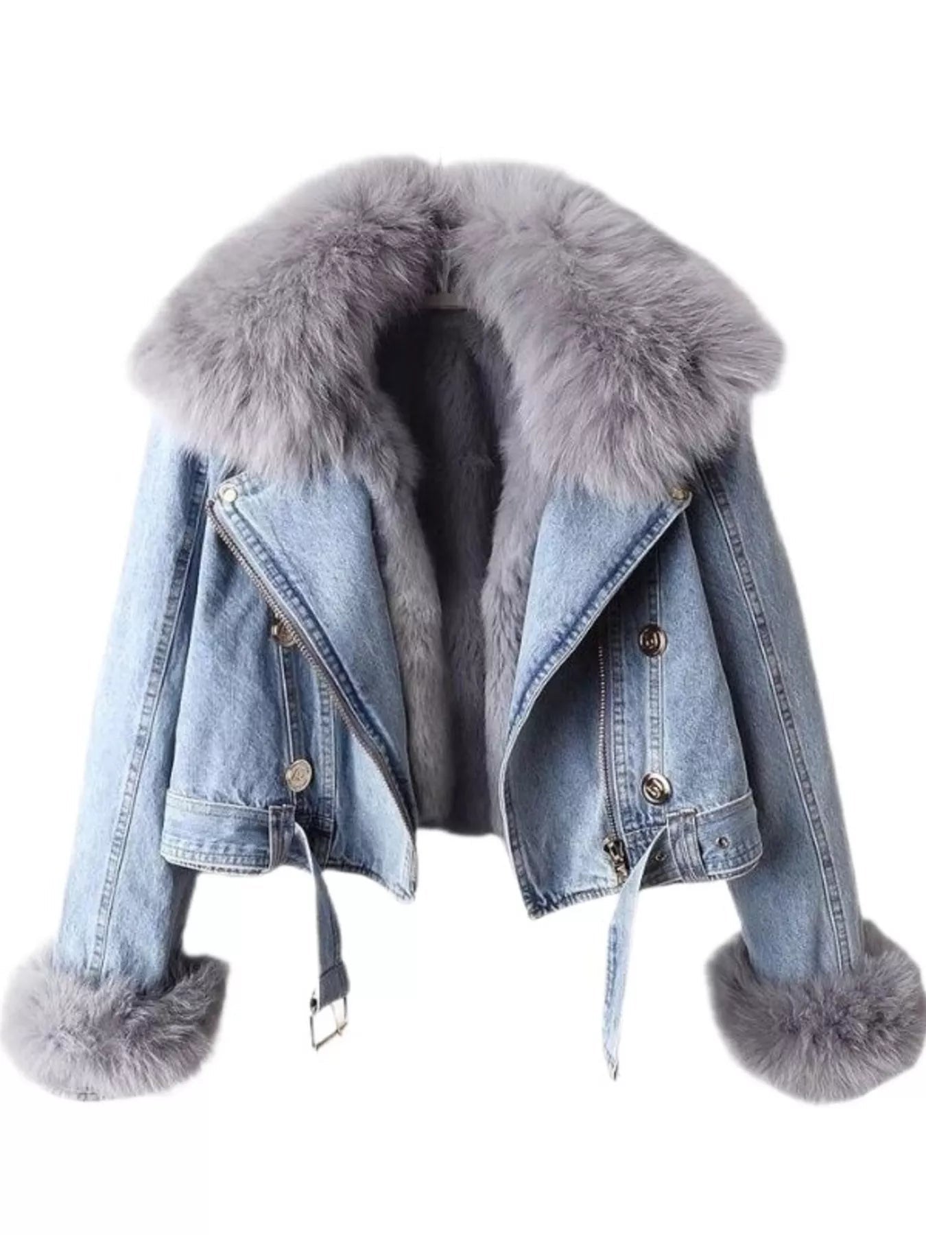 Full Size Faux Fur Collar Denim Jacket Plus Size - Lara Moda