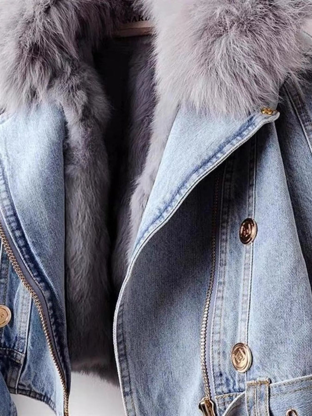 Full Size Faux Fur Collar Denim Jacket Plus Size - Lara Moda