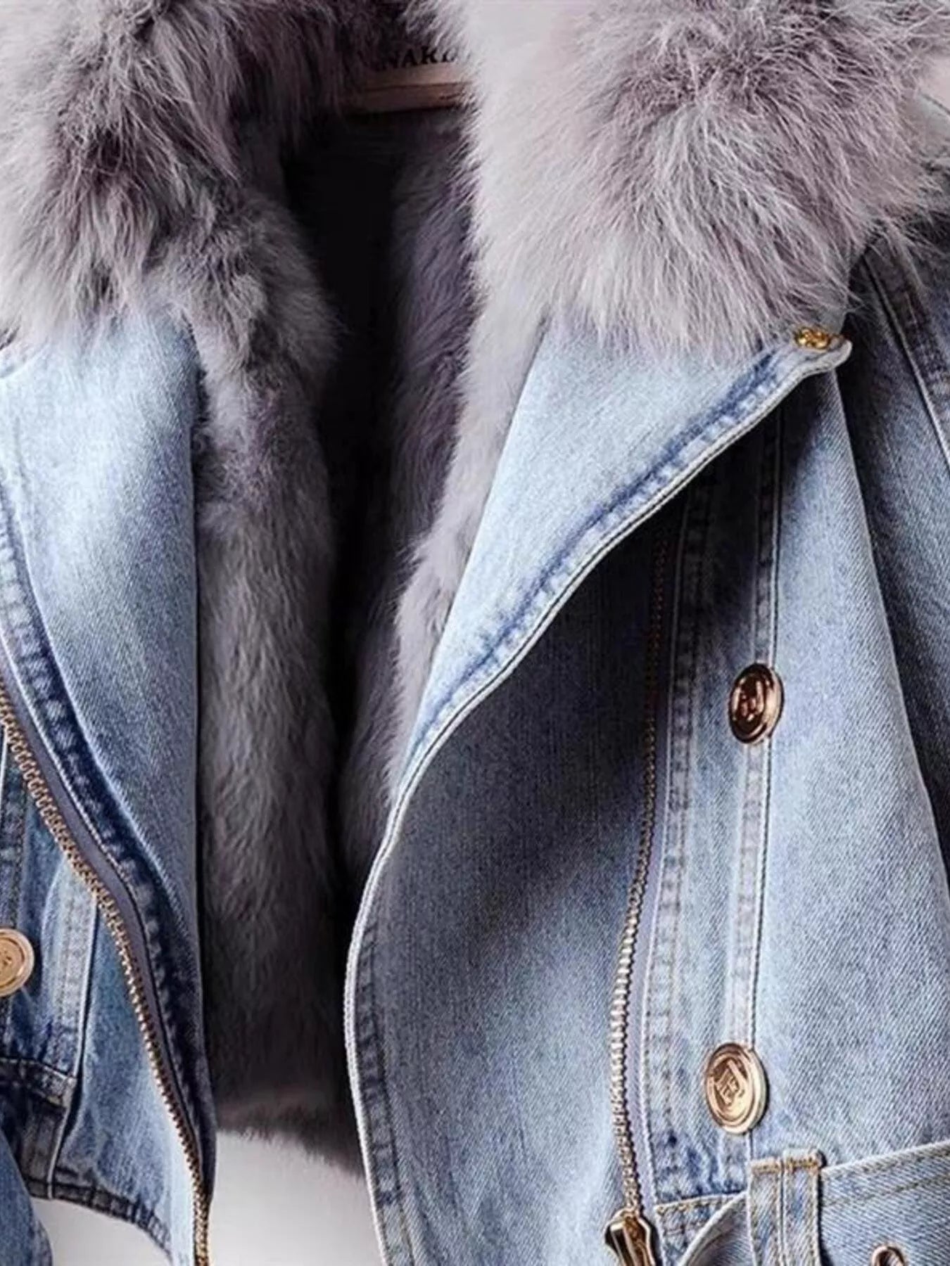 Full Size Faux Fur Collar Denim Jacket Plus Size - Lara Moda