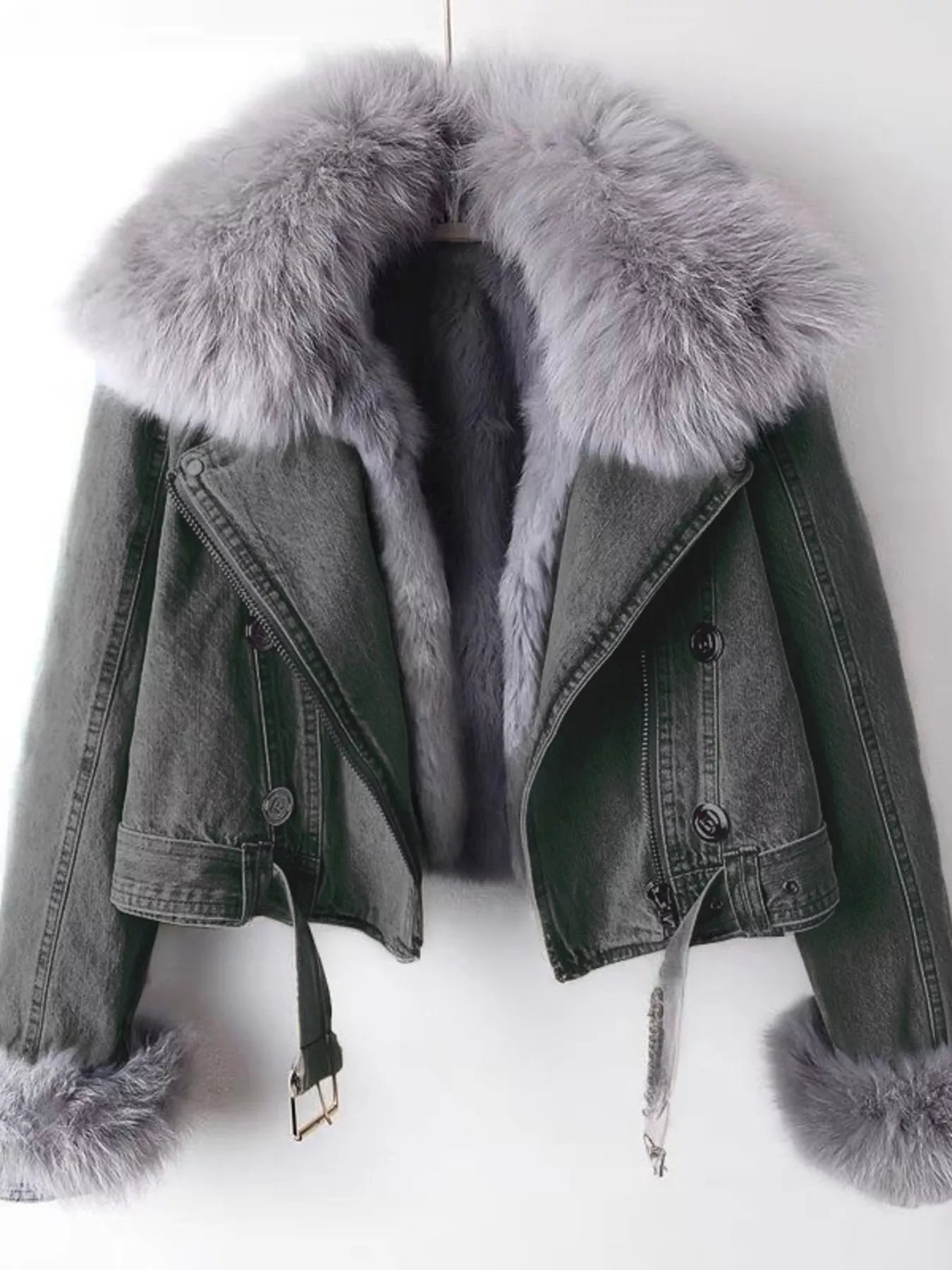 Full Size Faux Fur Collar Denim Jacket Plus Size - Lara Moda