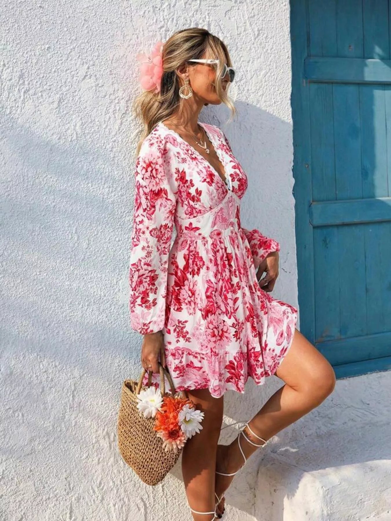 Full Size Floral Print V-Neck Long Sleeve Ruffle Hem Mini Dress Plus Size - Lara Moda