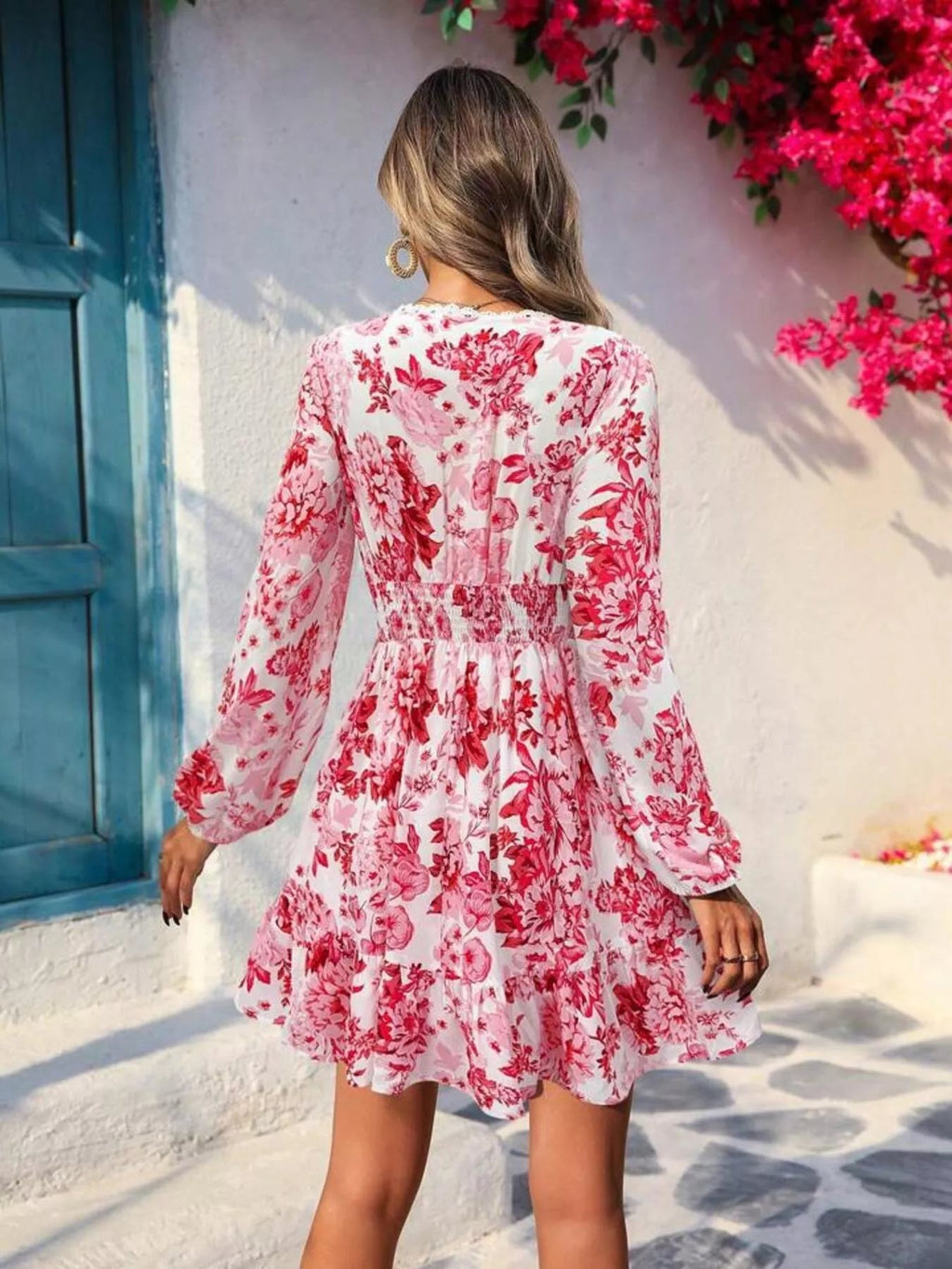 Full Size Floral Print V-Neck Long Sleeve Ruffle Hem Mini Dress Plus Size - Lara Moda