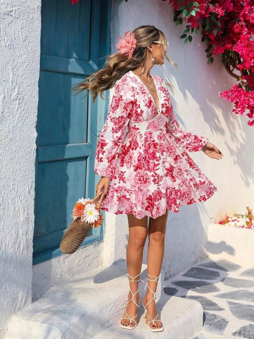 Full Size Floral Print V-Neck Long Sleeve Ruffle Hem Mini Dress Plus Size - Lara Moda