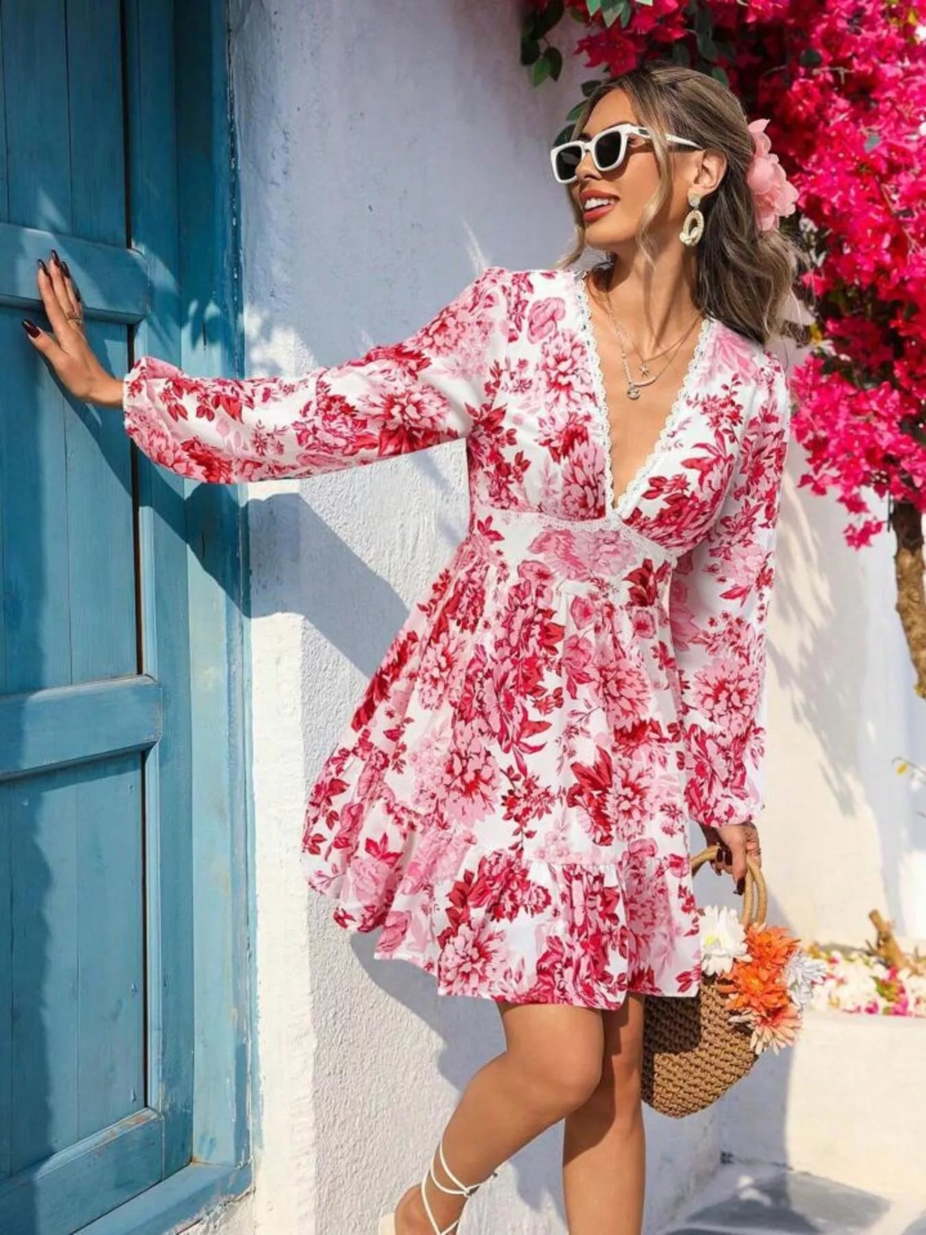 Full Size Floral Print V-Neck Long Sleeve Ruffle Hem Mini Dress Plus Size - Lara Moda