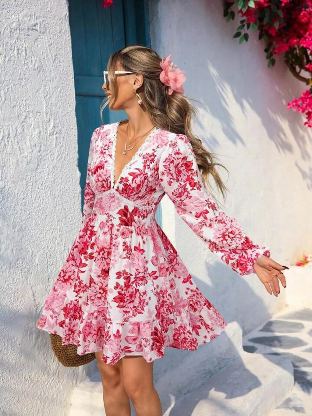 Full Size Floral Print V-Neck Long Sleeve Ruffle Hem Mini Dress Plus Size - Lara Moda