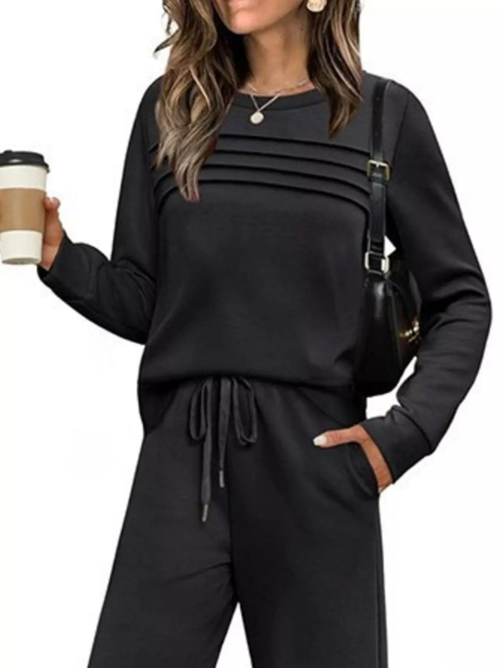 Full Size Long Sleeve Round Neck Top and Pants Set Plus Size - Lara Moda