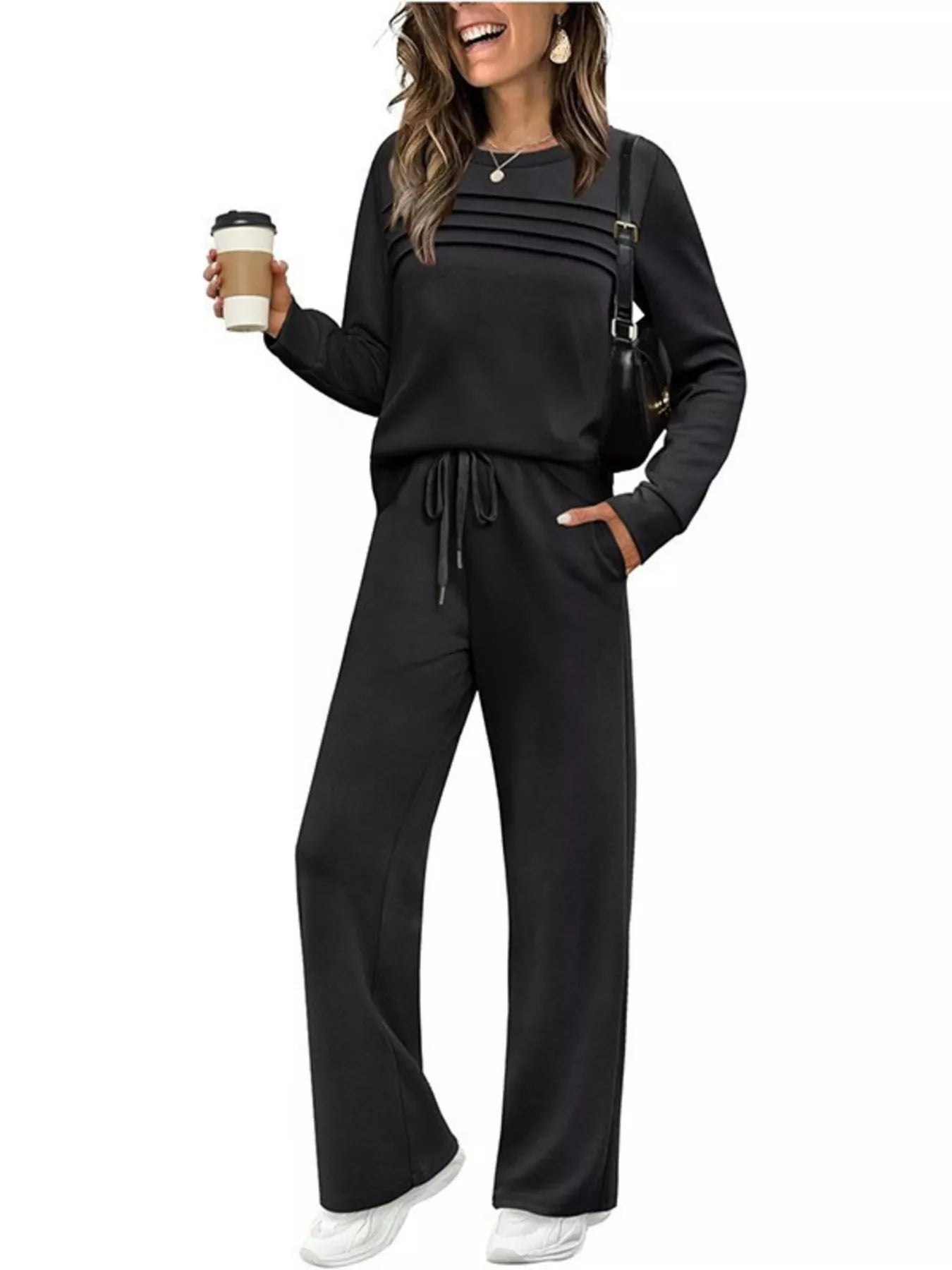 Full Size Long Sleeve Round Neck Top and Pants Set Plus Size - Lara Moda