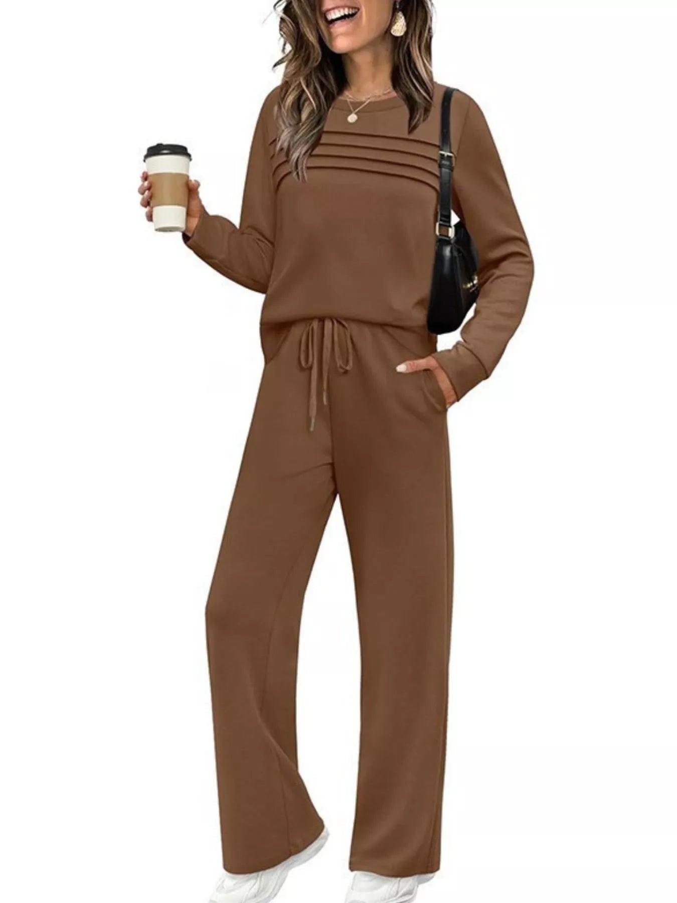 Full Size Long Sleeve Round Neck Top and Pants Set Plus Size - Lara Moda