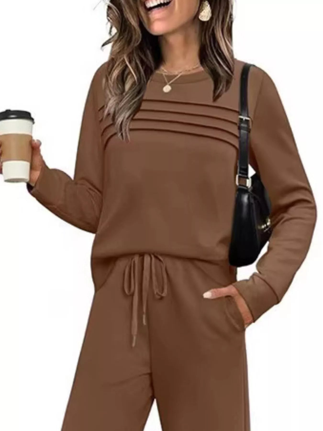 Full Size Long Sleeve Round Neck Top and Pants Set Plus Size - Lara Moda