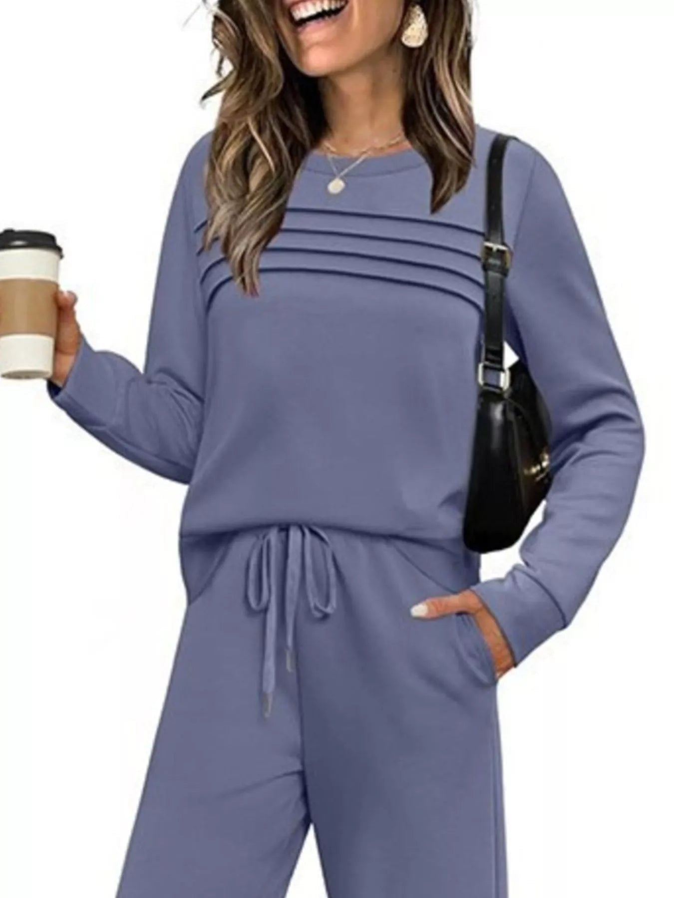 Full Size Long Sleeve Round Neck Top and Pants Set Plus Size - Lara Moda