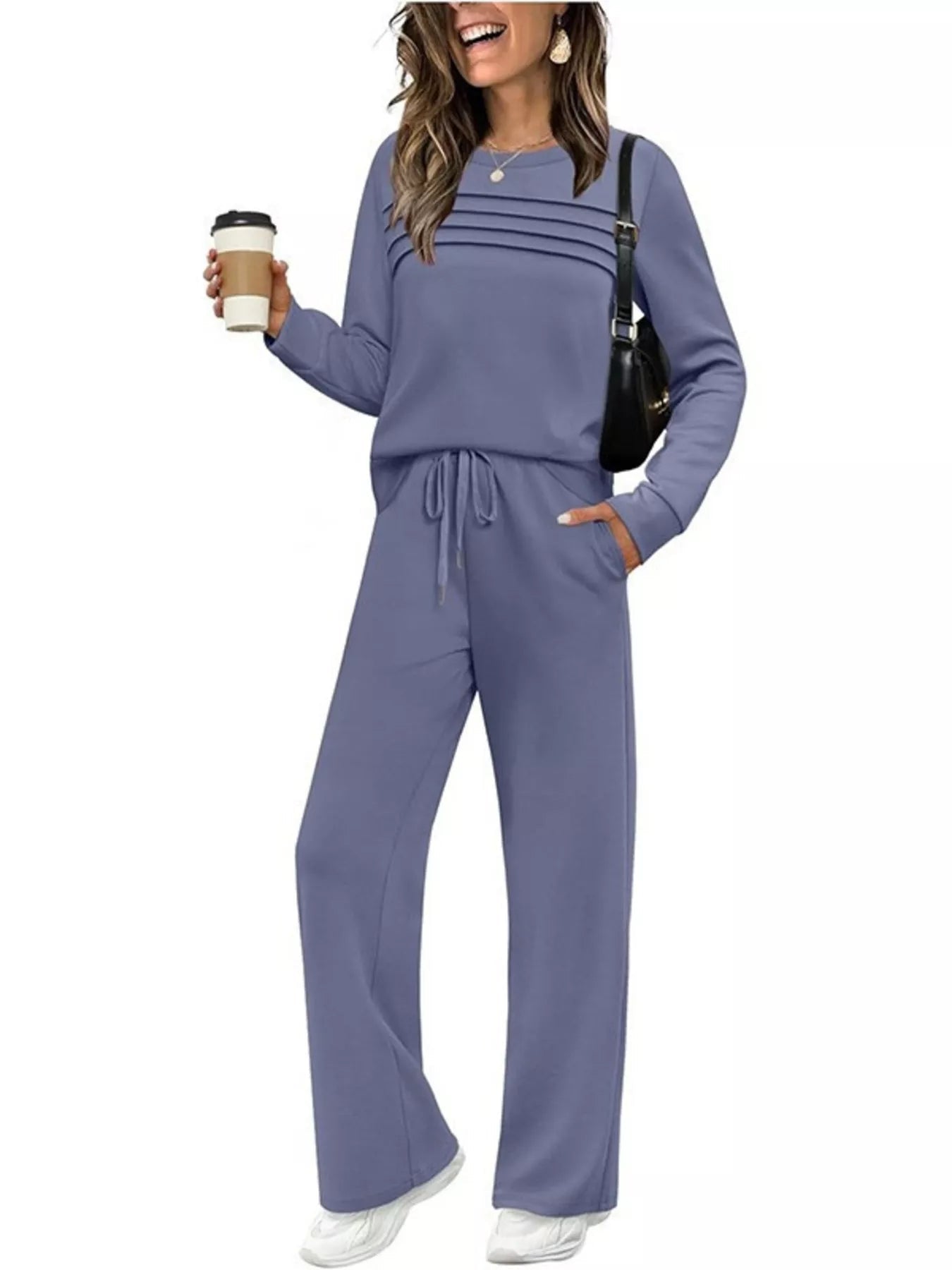 Full Size Long Sleeve Round Neck Top and Pants Set Plus Size - Lara Moda