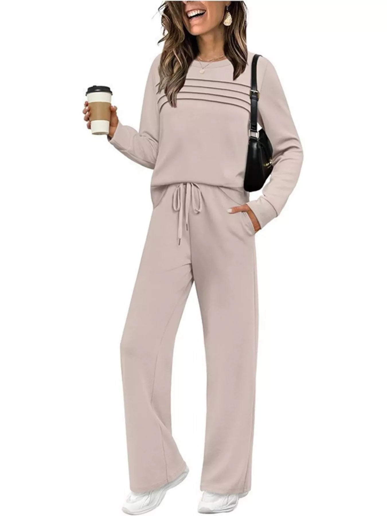 Full Size Long Sleeve Round Neck Top and Pants Set Plus Size - Lara Moda