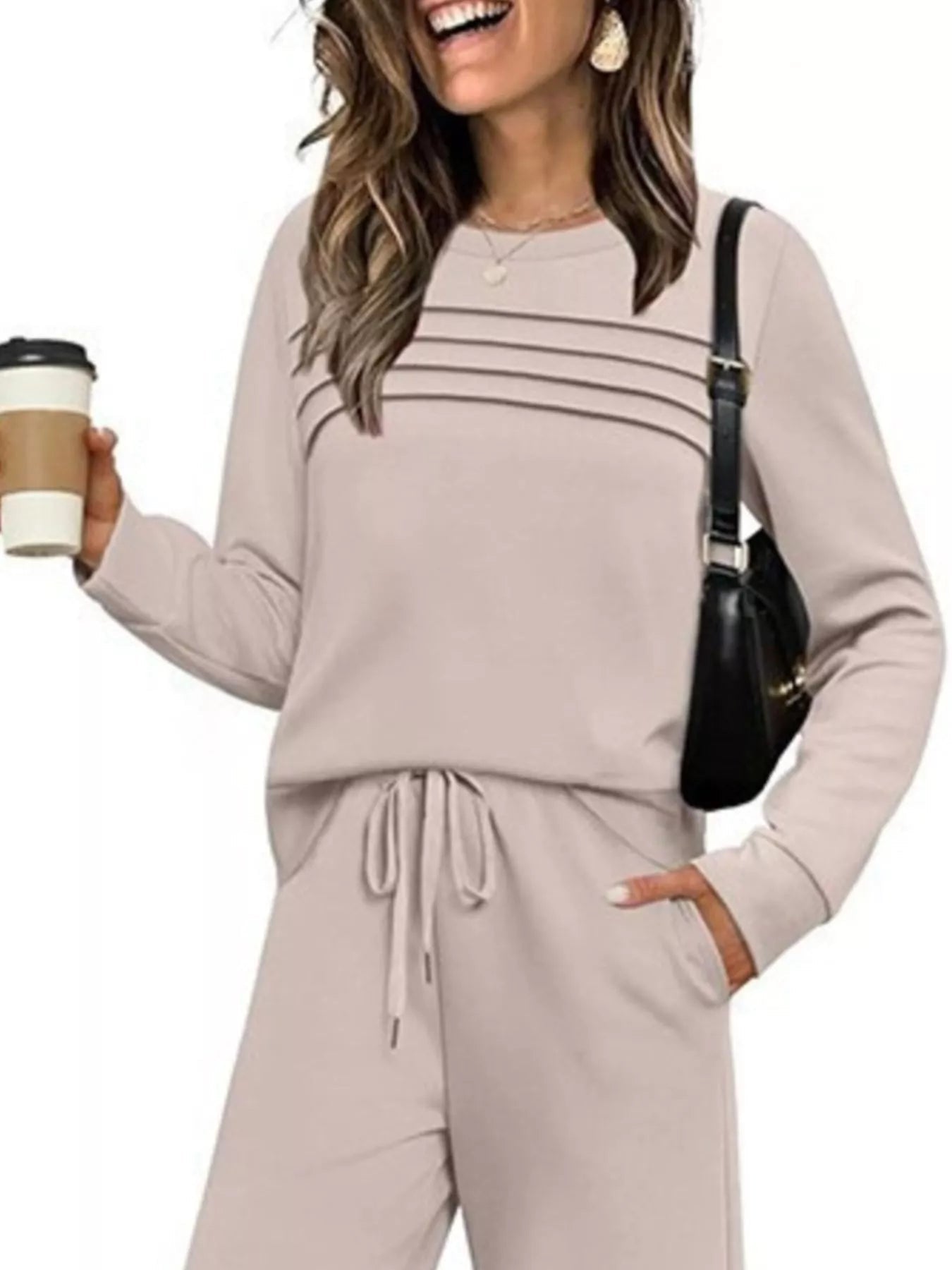 Full Size Long Sleeve Round Neck Top and Pants Set Plus Size - Lara Moda